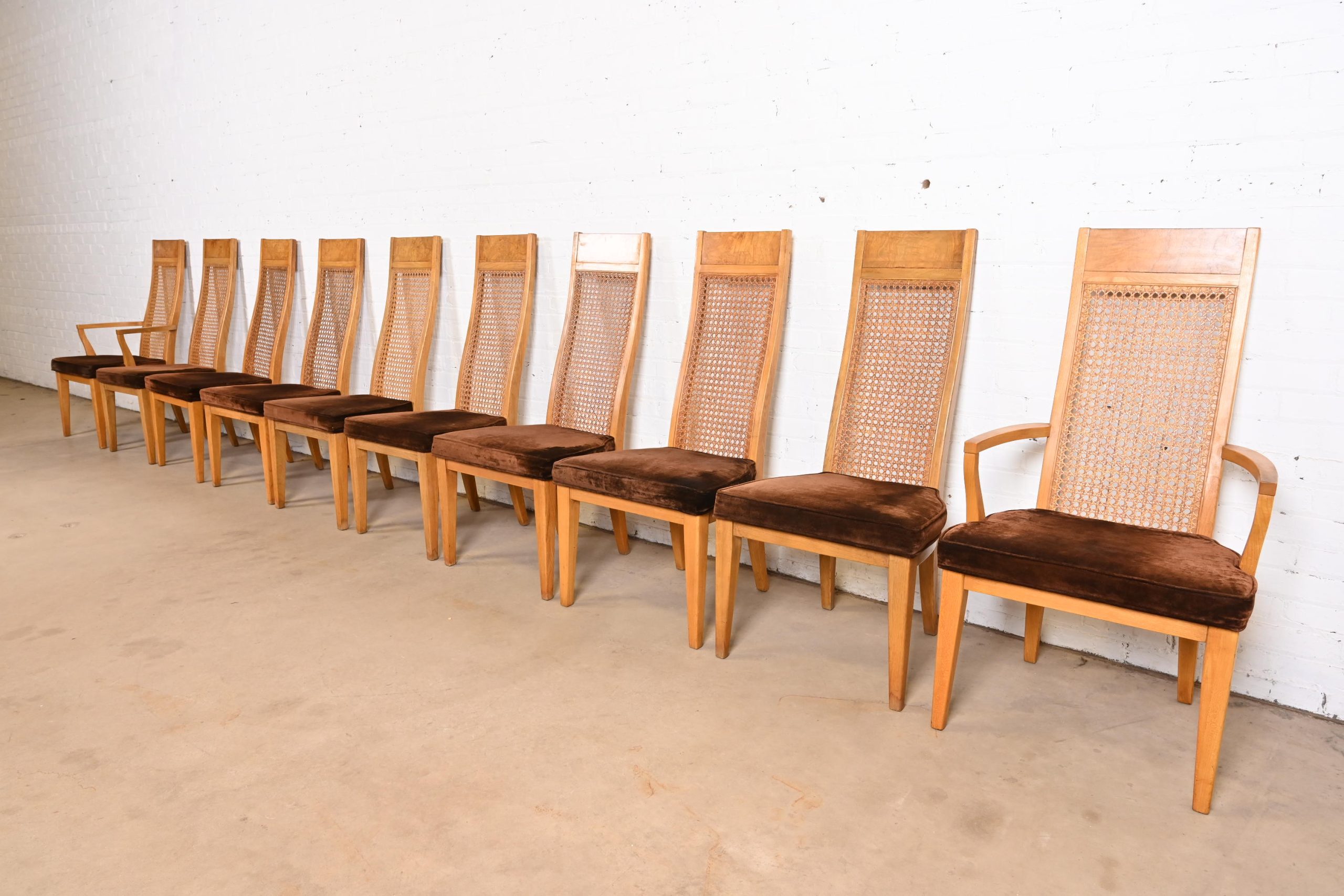 Milo Baughman Style Mid-Century Modern Burl Wood and Cane High Back Dining Chairs by Lane, Set of Ten