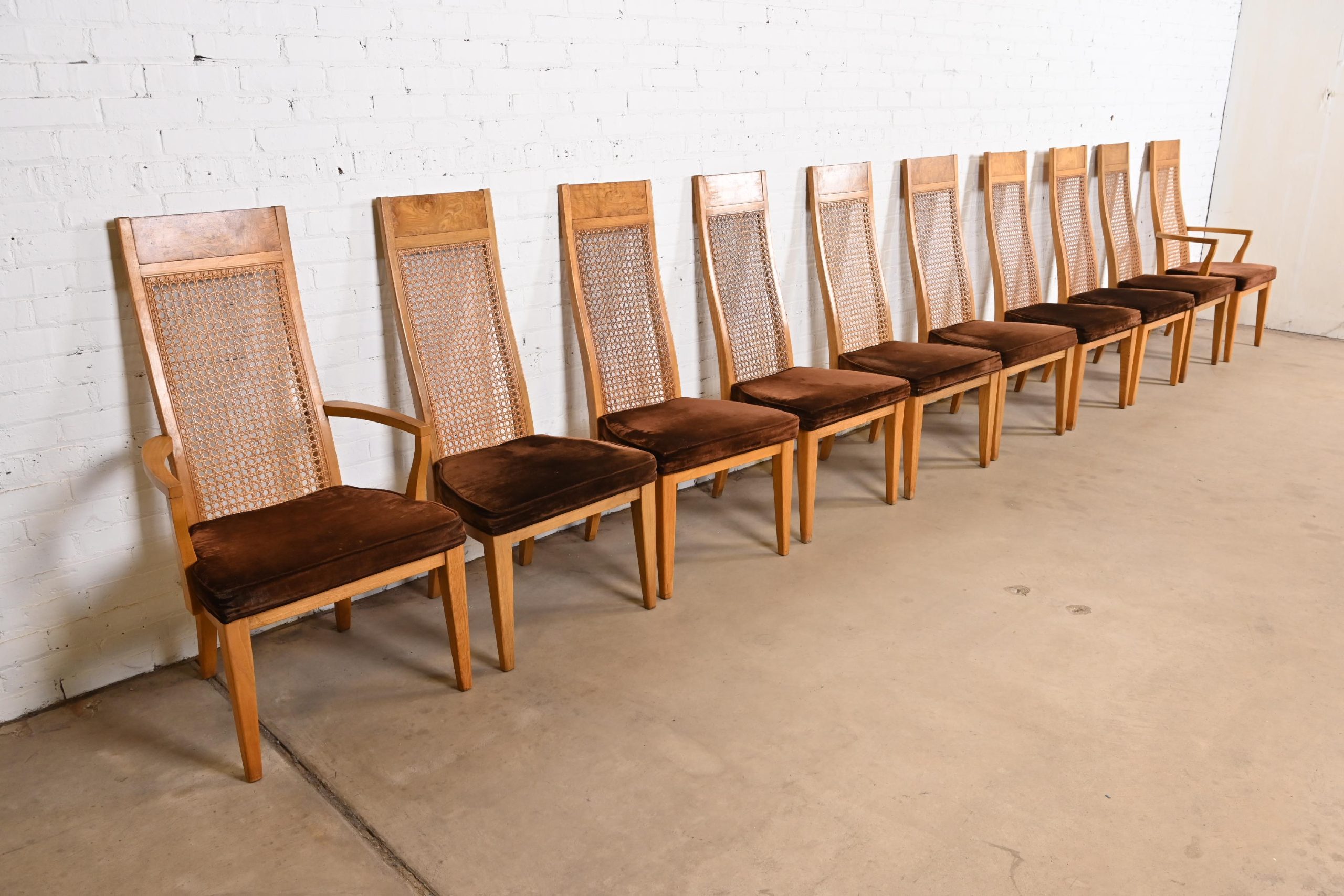 Milo Baughman Style Mid-Century Modern Burl Wood and Cane High Back Dining Chairs by Lane, Set of Ten - Image 4