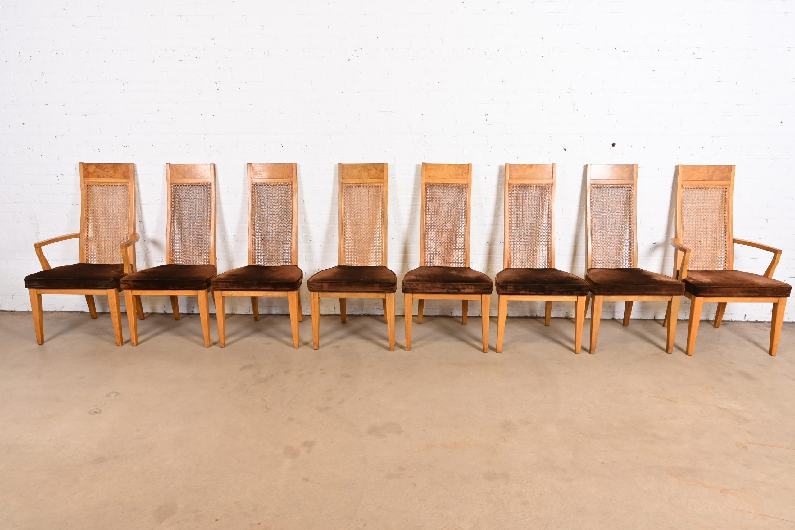 Milo Baughman Style Mid-Century Modern Burl Wood and Cane High Back Dining Chairs by Lane, Set of Eight - Image 3