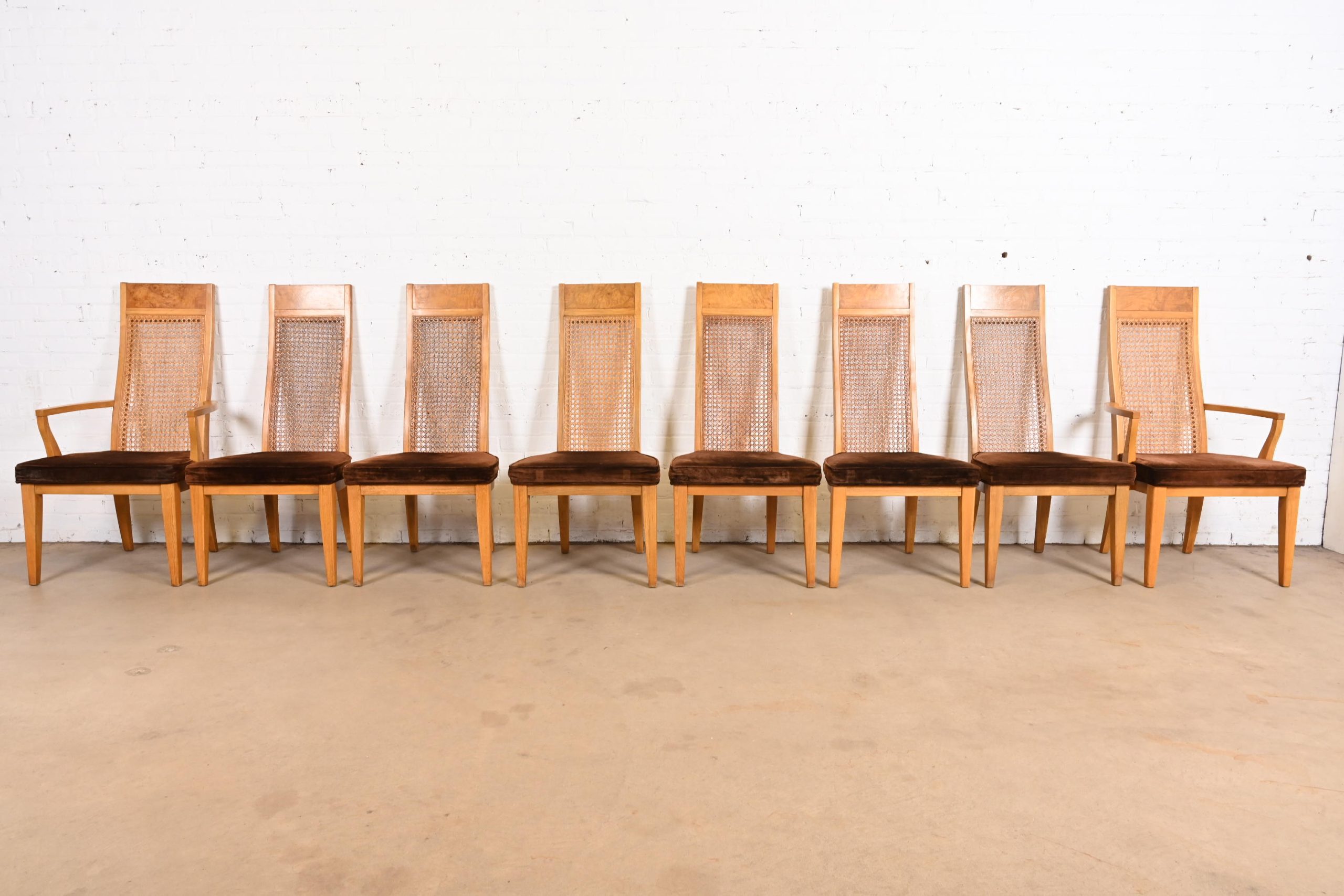 Milo Baughman Style Mid-Century Modern Burl Wood and Cane High Back Dining Chairs by Lane, Set of Eight - Image 2