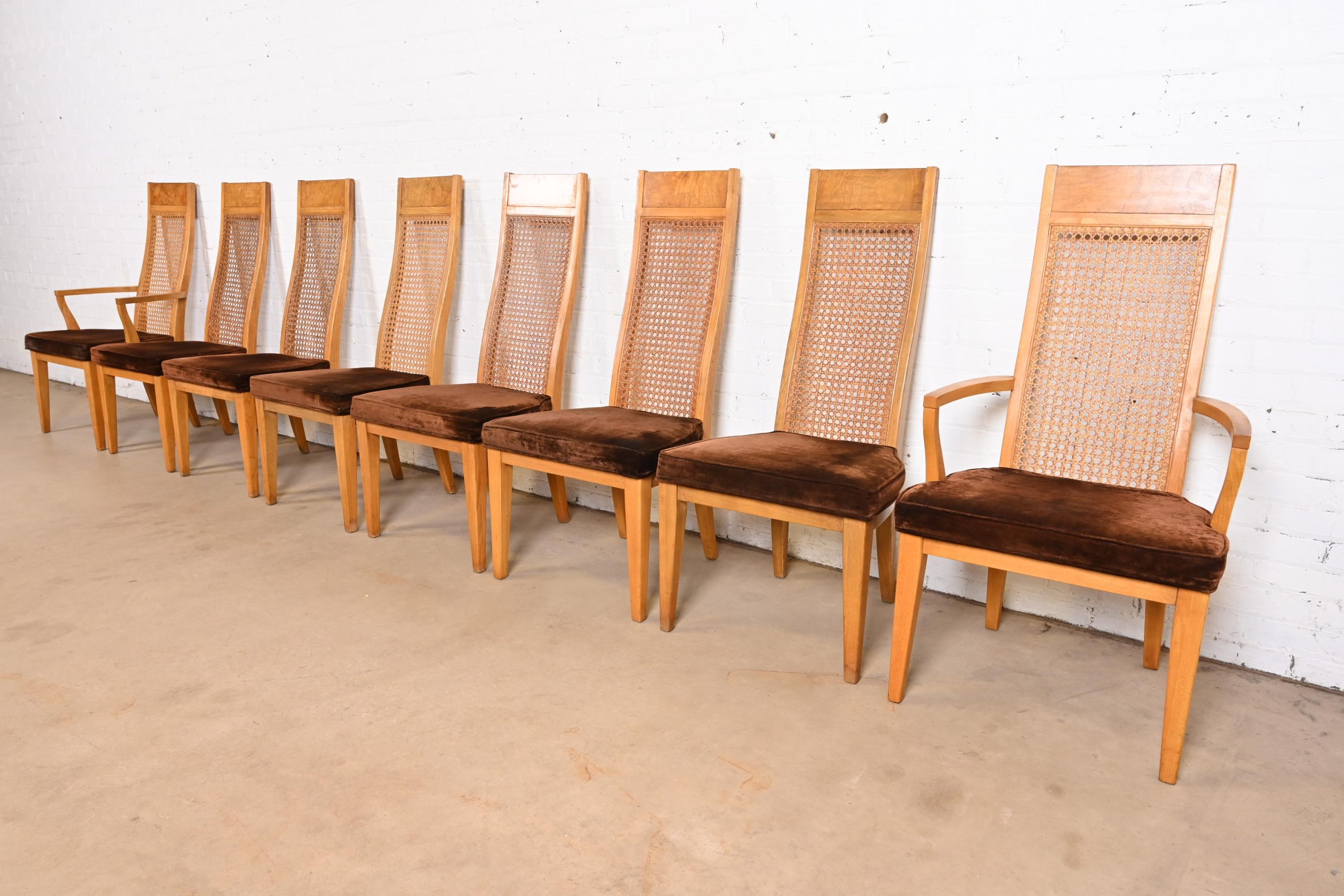 Milo Baughman Style Mid-Century Modern Burl Wood and Cane High Back Dining Chairs by Lane, Set of Eight