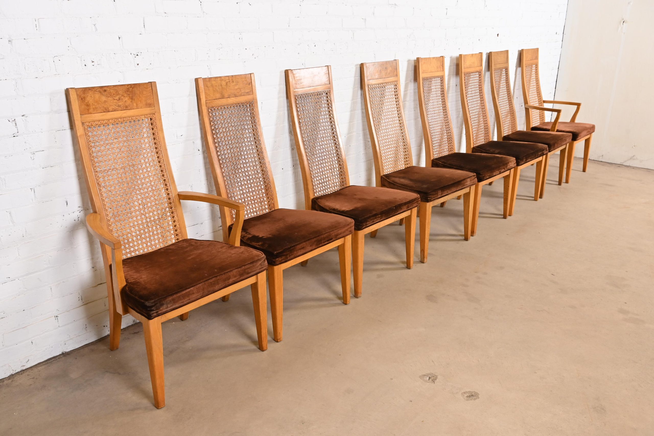 Milo Baughman Style Mid-Century Modern Burl Wood and Cane High Back Dining Chairs by Lane, Set of Eight - Image 4