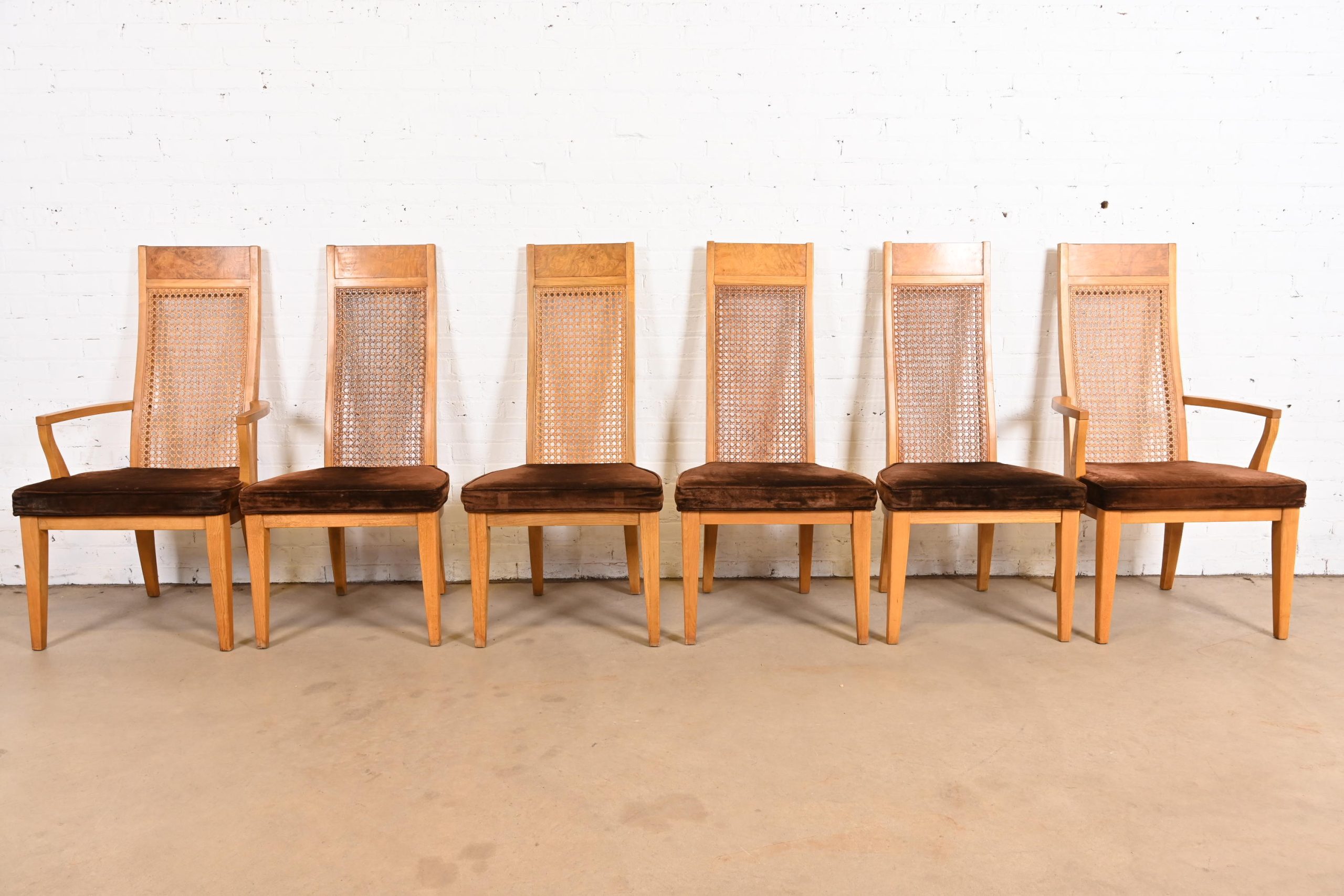 Milo Baughman Style Mid-Century Modern Burl Wood and Cane High Back Dining Chairs by Lane, Set of Six - Image 3