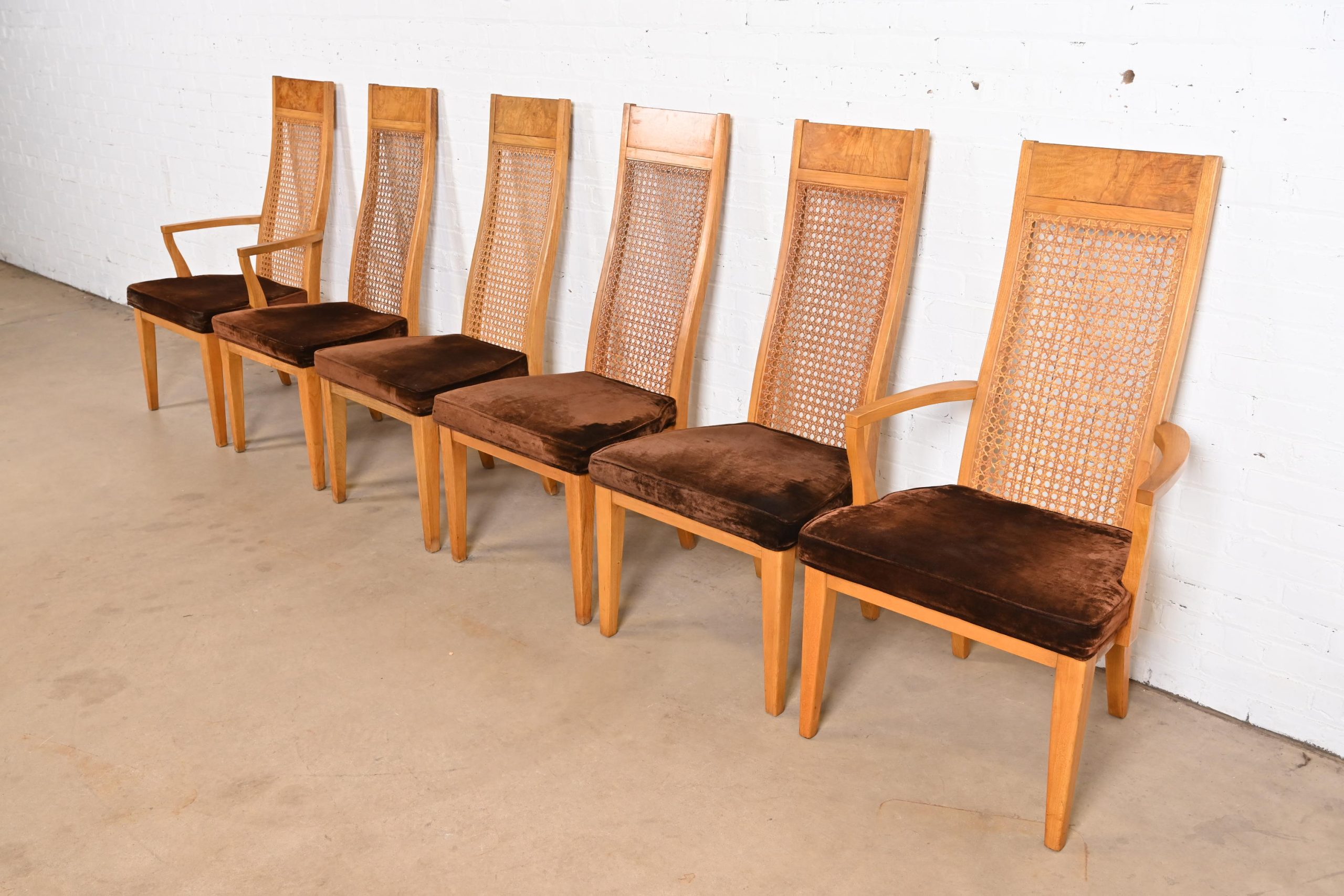 Milo Baughman Style Mid-Century Modern Burl Wood and Cane High Back Dining Chairs by Lane, Set of Six - Image 4
