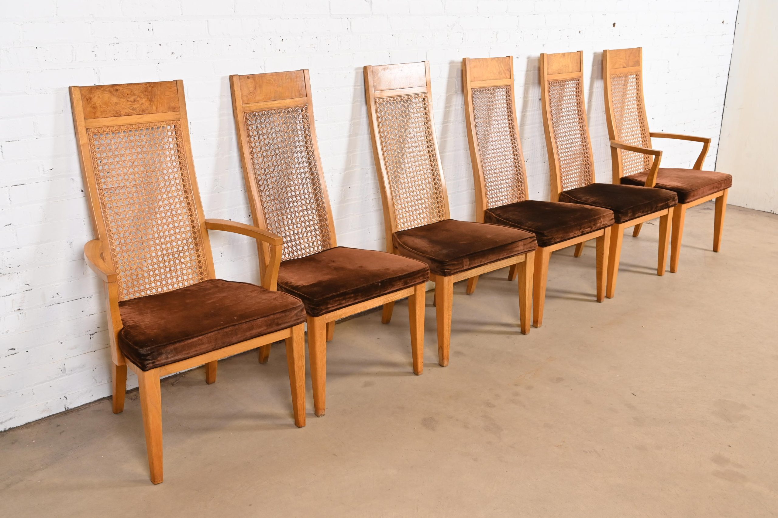 Milo Baughman Style Mid-Century Modern Burl Wood and Cane High Back Dining Chairs by Lane, Set of Six - Image 2