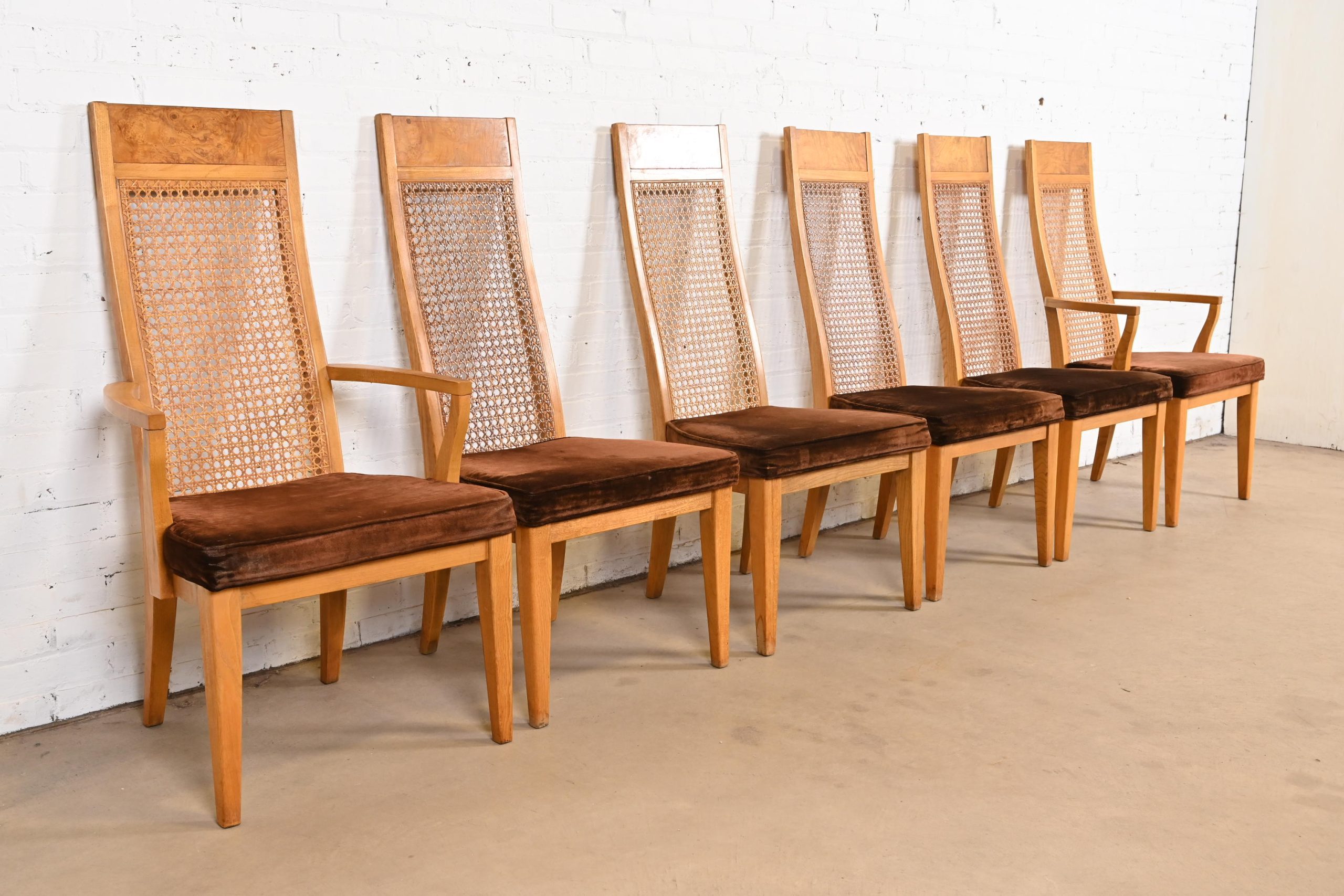Milo Baughman Style Mid-Century Modern Burl Wood and Cane High Back Dining Chairs by Lane, Set of Six