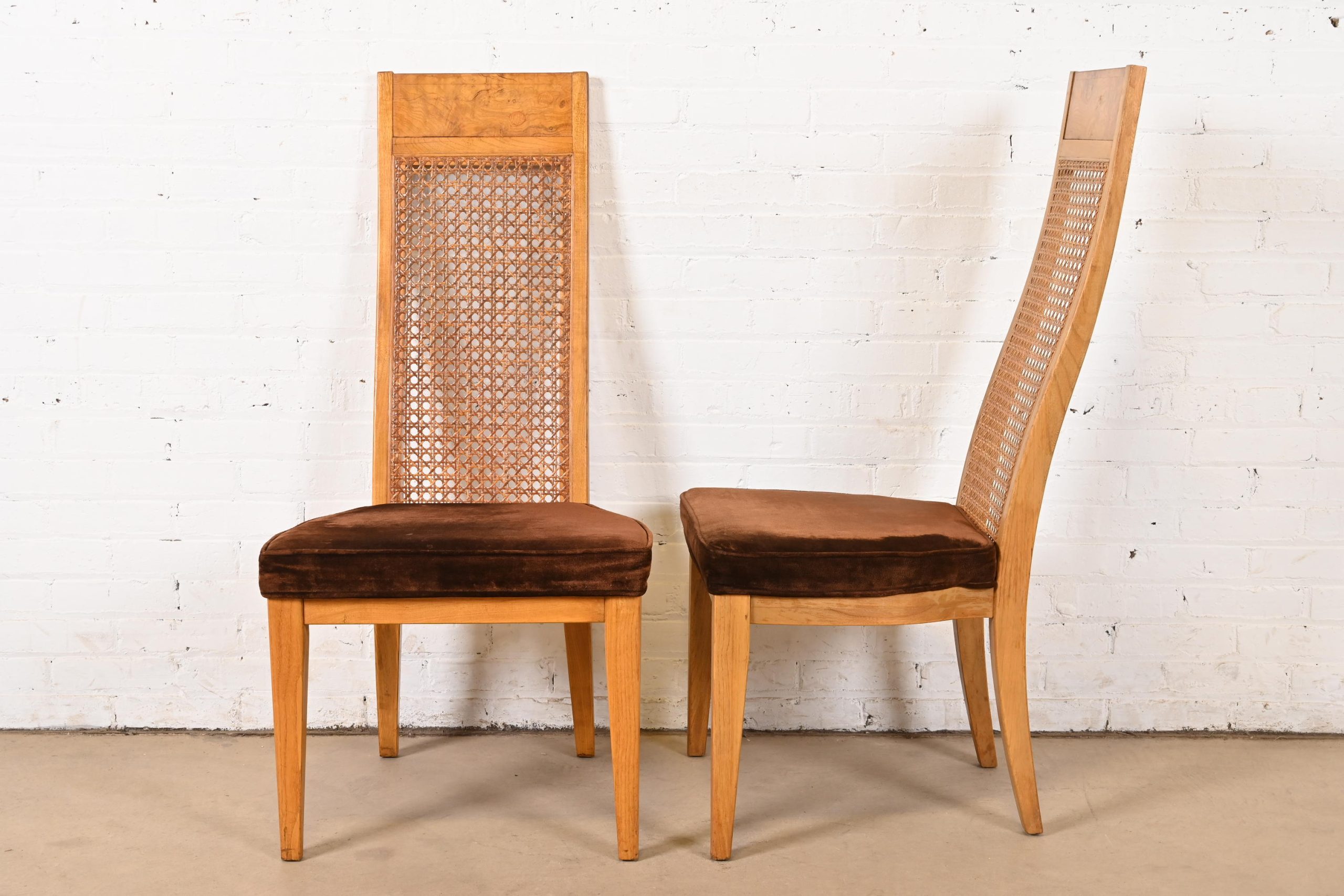 Milo Baughman Style Mid-Century Modern Burl Wood and Cane High Back Dining Chairs by Lane, Set of Ten - Image 8
