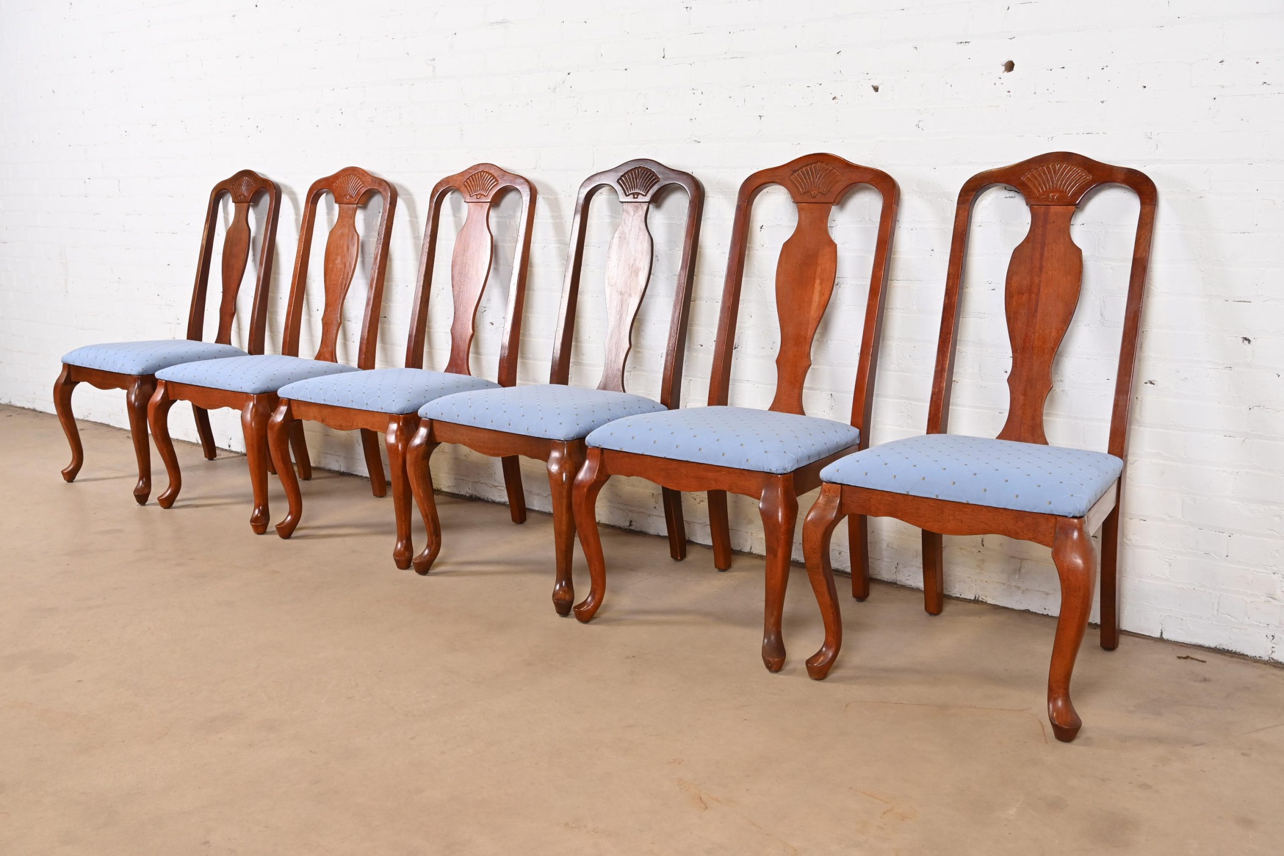 Ethan Allen Style Queen Anne Carved Mahogany Dining Chairs, Set of Six