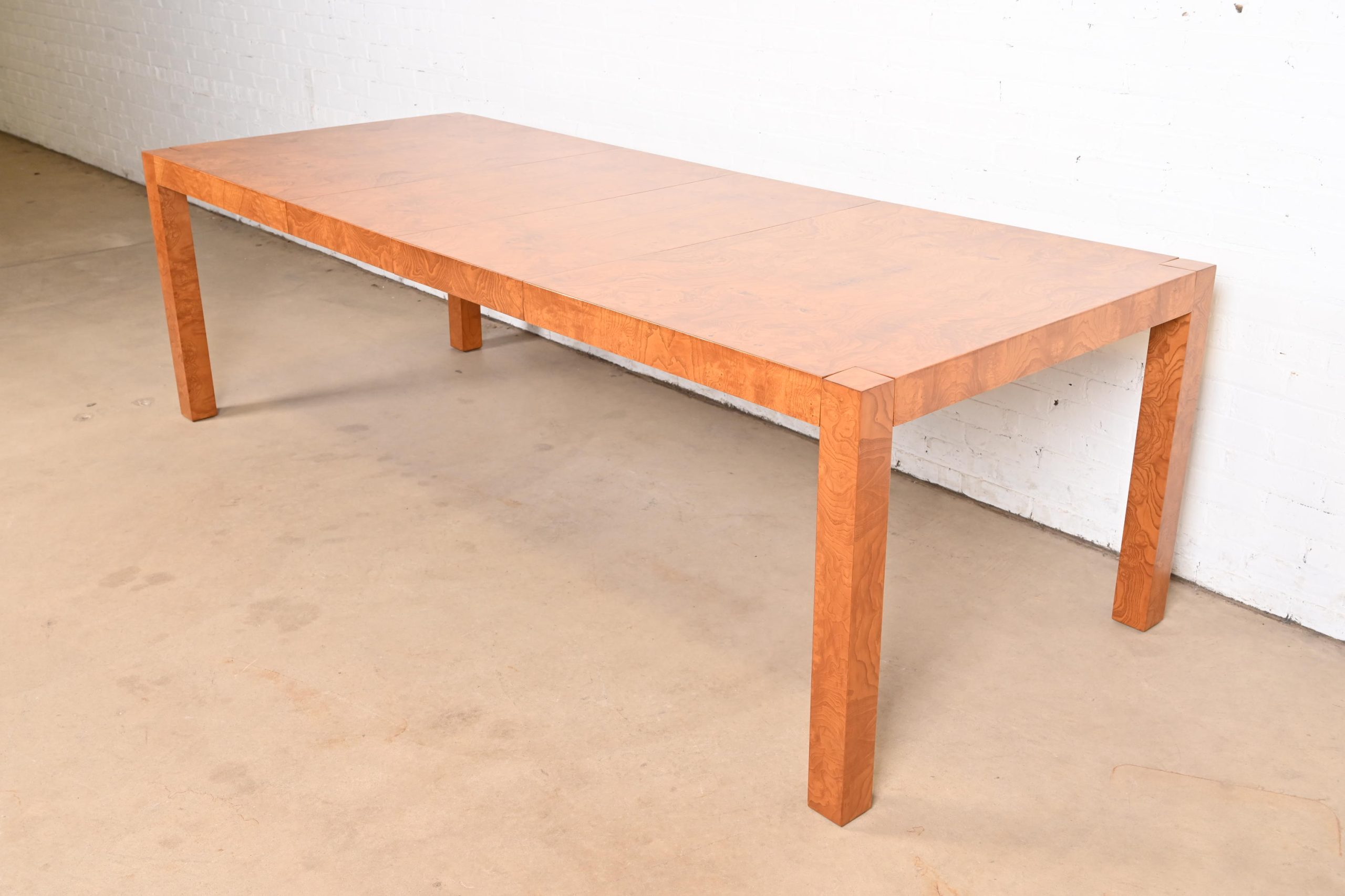 Milo Baughman Style Burl Wood Parsons Extension Dining Table by Lane, Newly Refinished