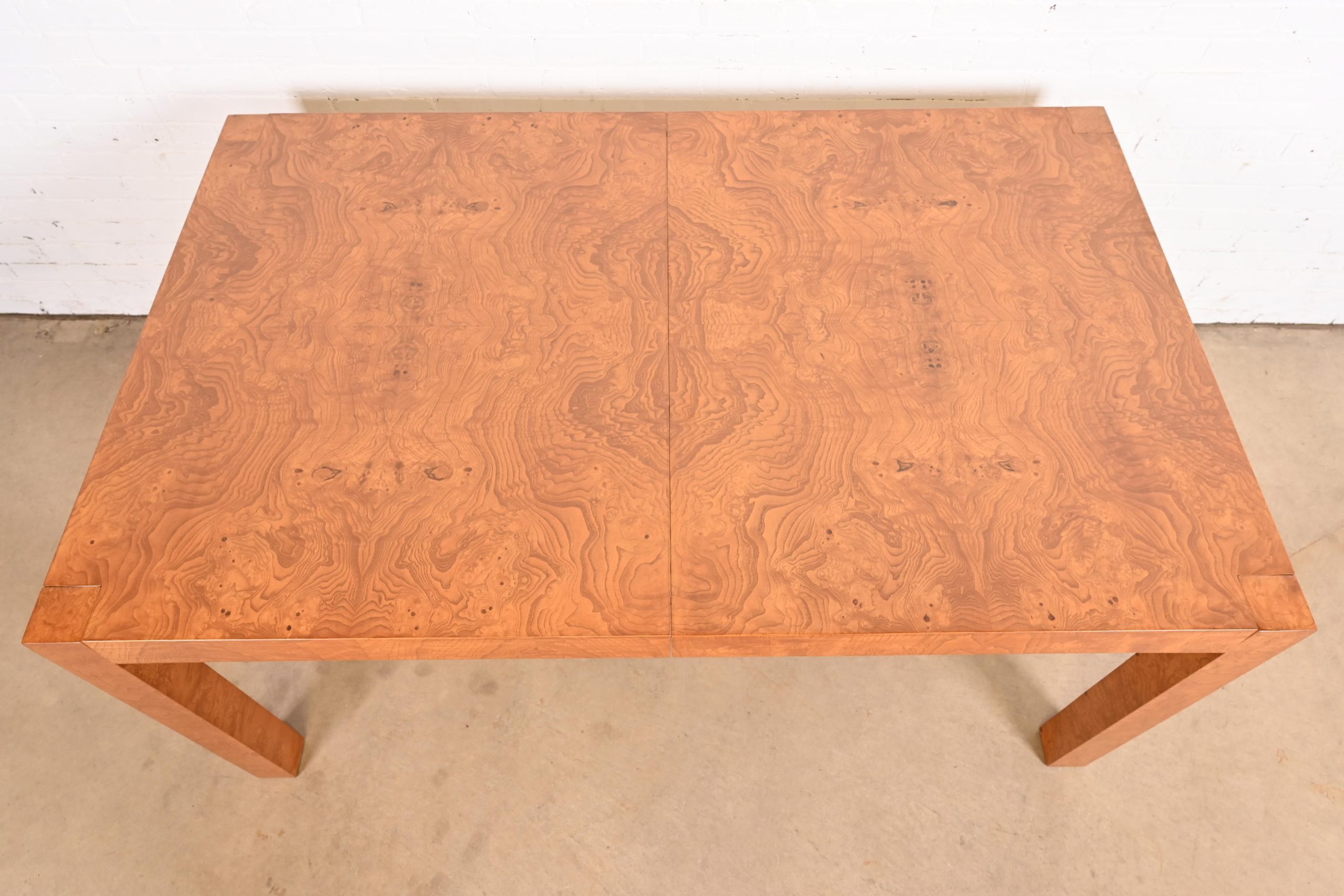 Milo Baughman Style Burl Wood Parsons Extension Dining Table by Lane, Newly Refinished - Image 9