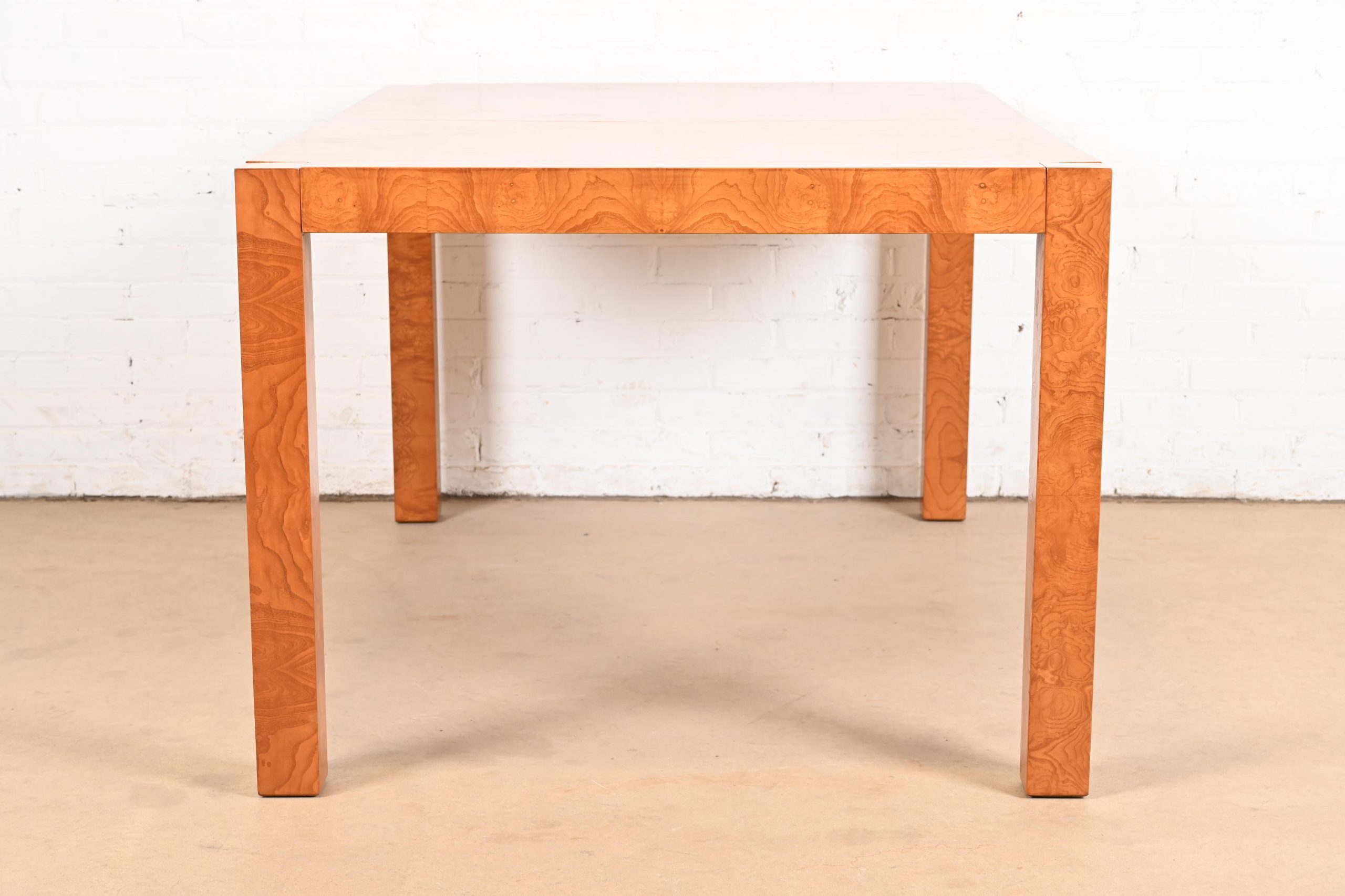Milo Baughman Style Burl Wood Parsons Extension Dining Table by Lane, Newly Refinished - Image 11