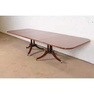 Baker Furniture Style Georgian Banded Mahogany and Rosewood Double Pedestal Extension Dining Table, Newly Refinished