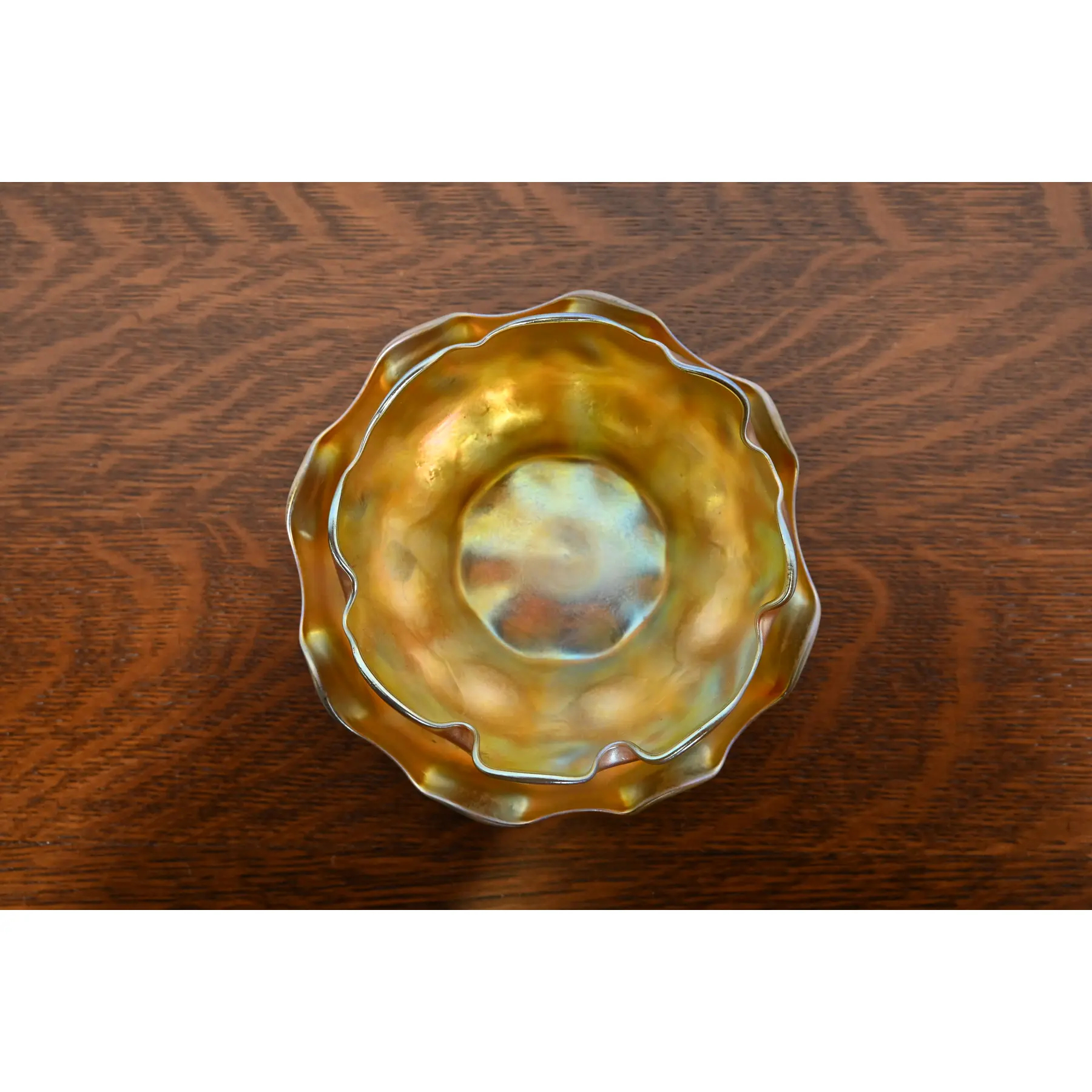 Louis Comfort Tiffany Favrile Iridescent Art Glass Ruffled Edge Finger Bowl With Underplate - Image 3