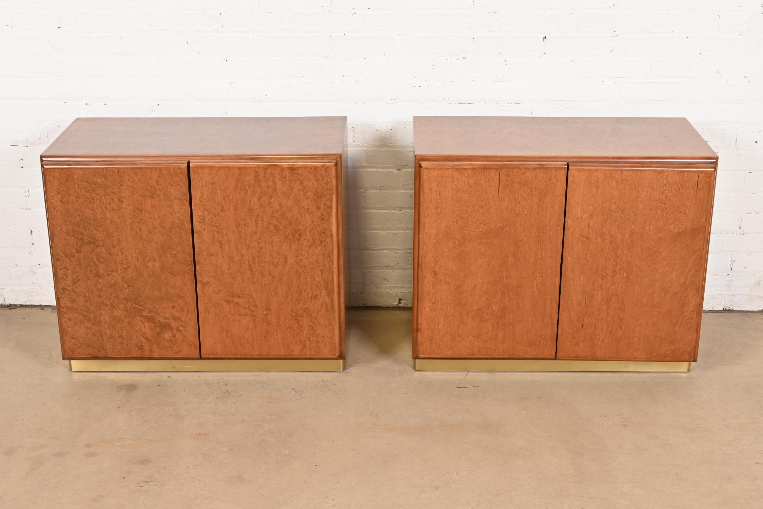 Milo Baughman for Thayer Coggin Burl Wood and Brass Bedside Chests, Newly Refinished - Image 3
