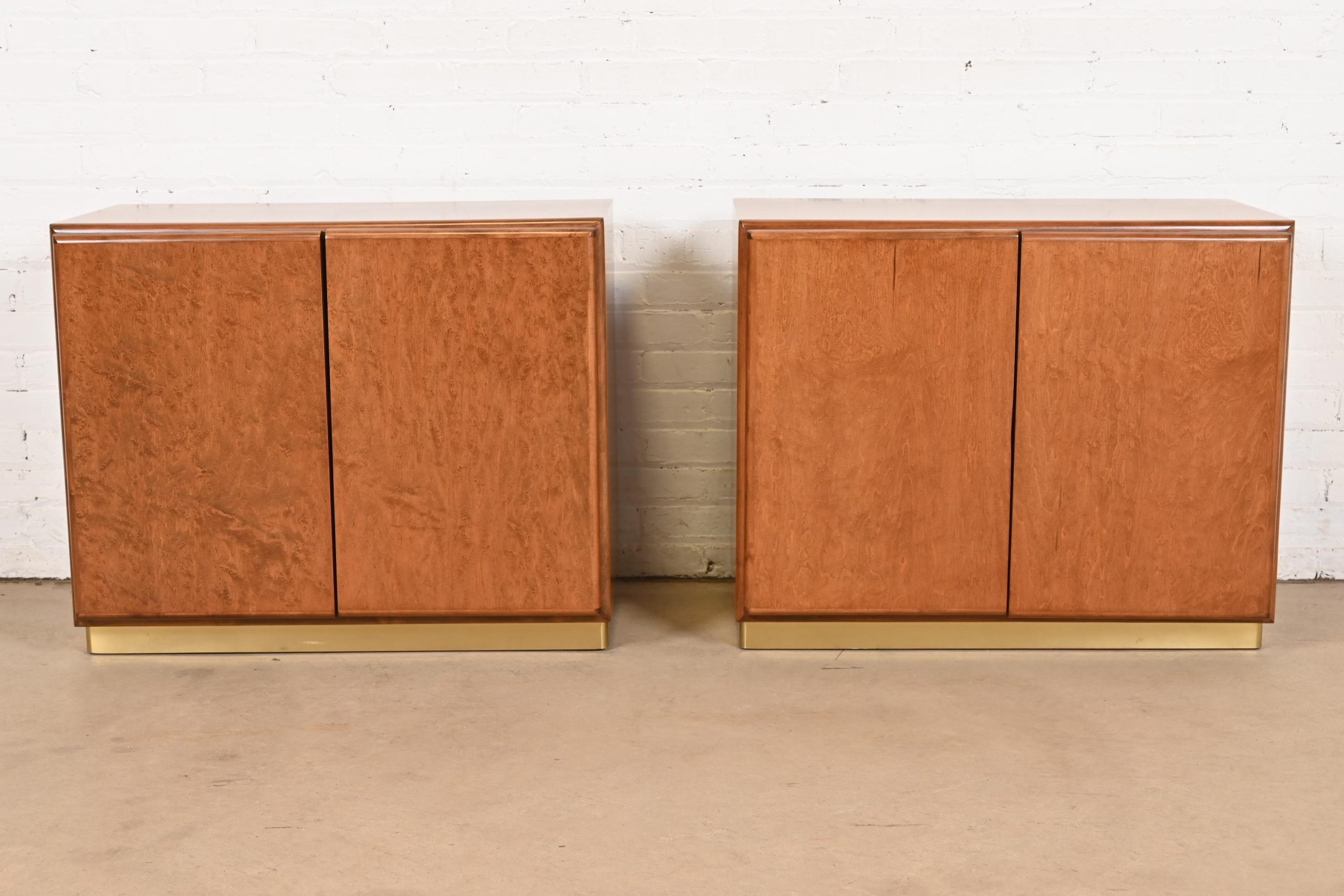 Milo Baughman for Thayer Coggin Burl Wood and Brass Bedside Chests, Newly Refinished - Image 2