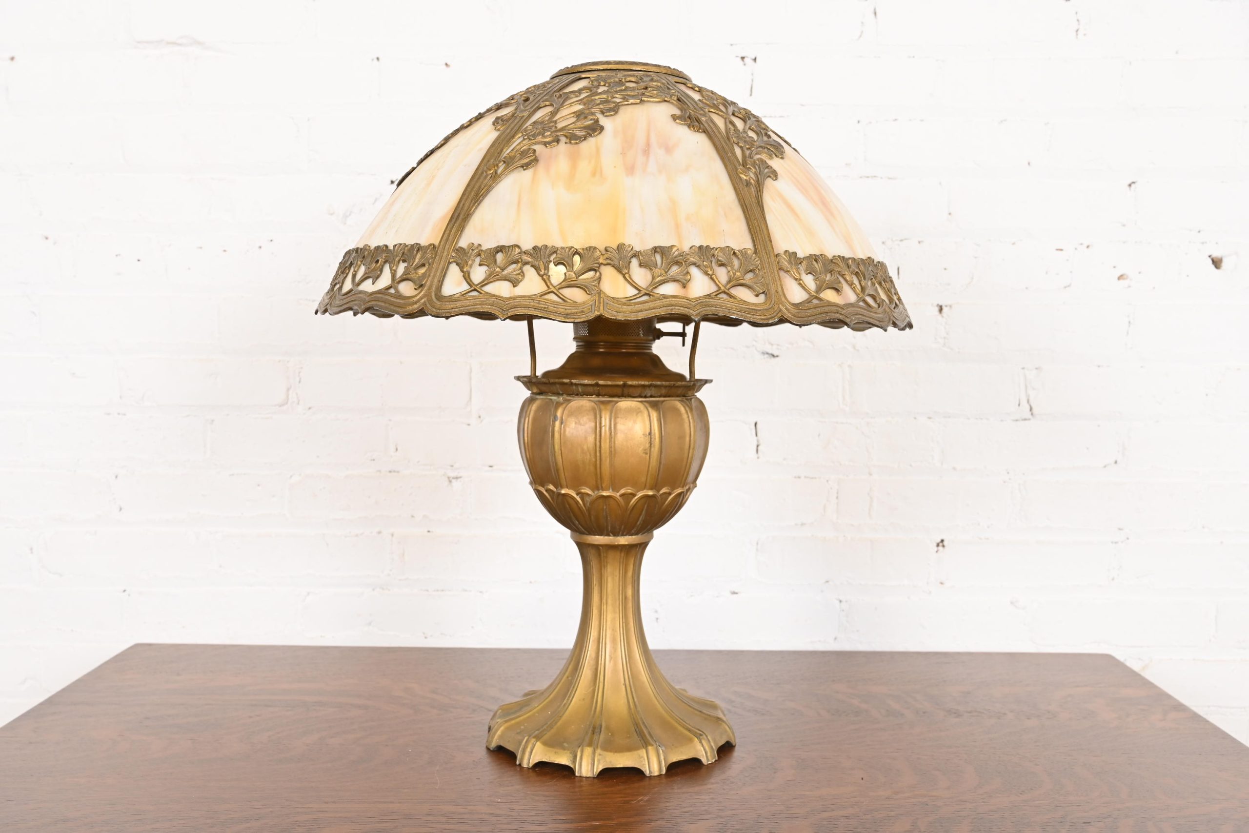 Antique Art Nouveau Slag Glass Table Lamp by Miller Lamp Co., Circa 1920s