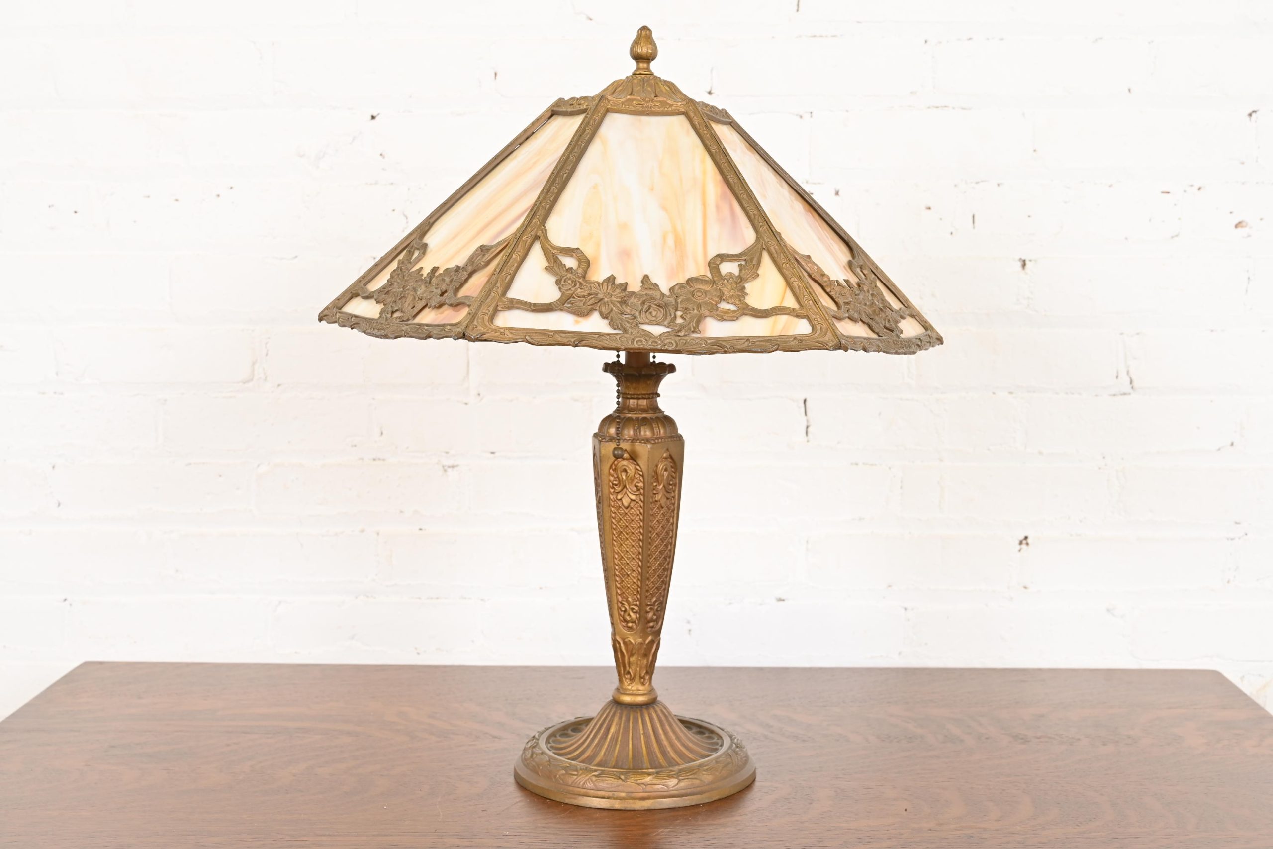 Antique Art Nouveau Slag Glass Table Lamp in the Manner of Handel, Circa 1910