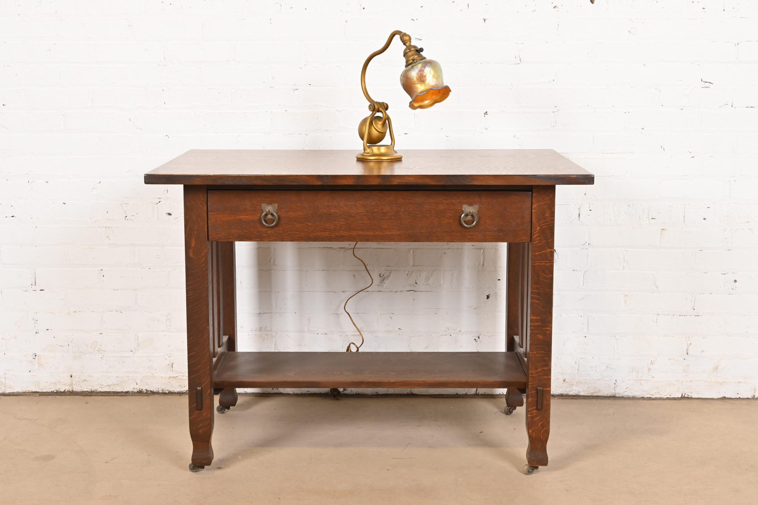 Tiffany Studios New York Bronze Doré Counterbalance Desk Lamp With Favrile Glass Pulled Feather Shade, Circa 1910 - Image 11