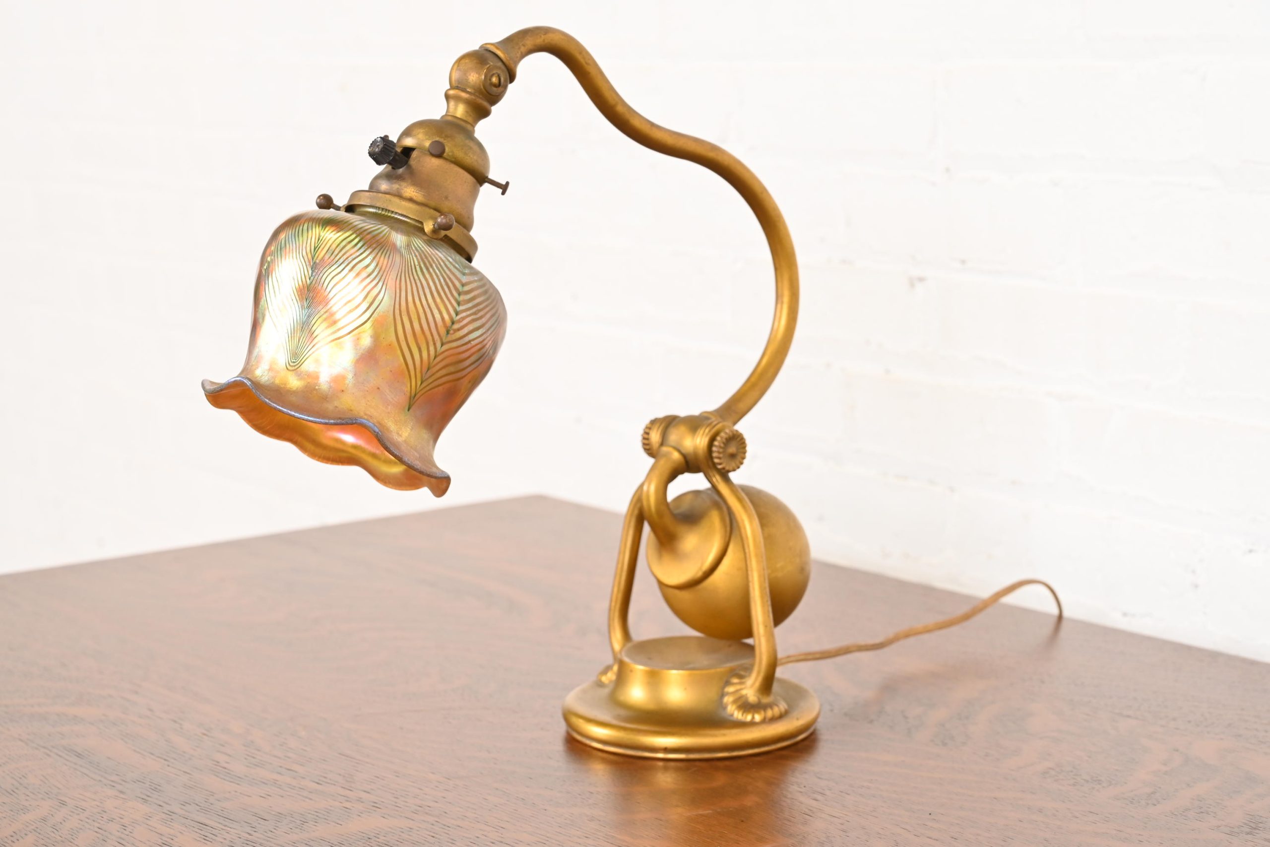 Tiffany Studios New York Bronze Doré Counterbalance Desk Lamp With Favrile Glass Pulled Feather Shade, Circa 1910 - Image 2