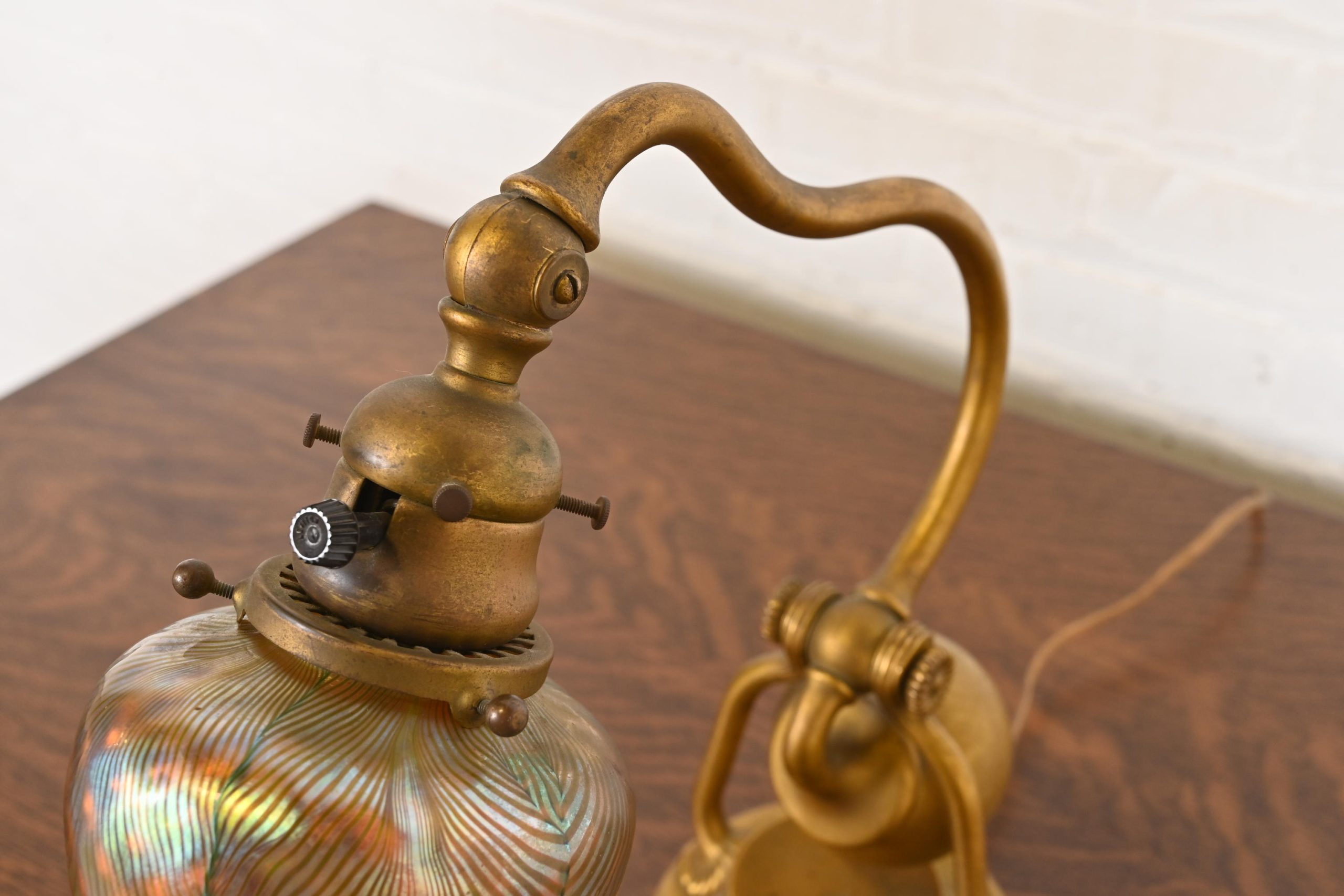 Tiffany Studios New York Bronze Doré Counterbalance Desk Lamp With Favrile Glass Pulled Feather Shade, Circa 1910 - Image 5