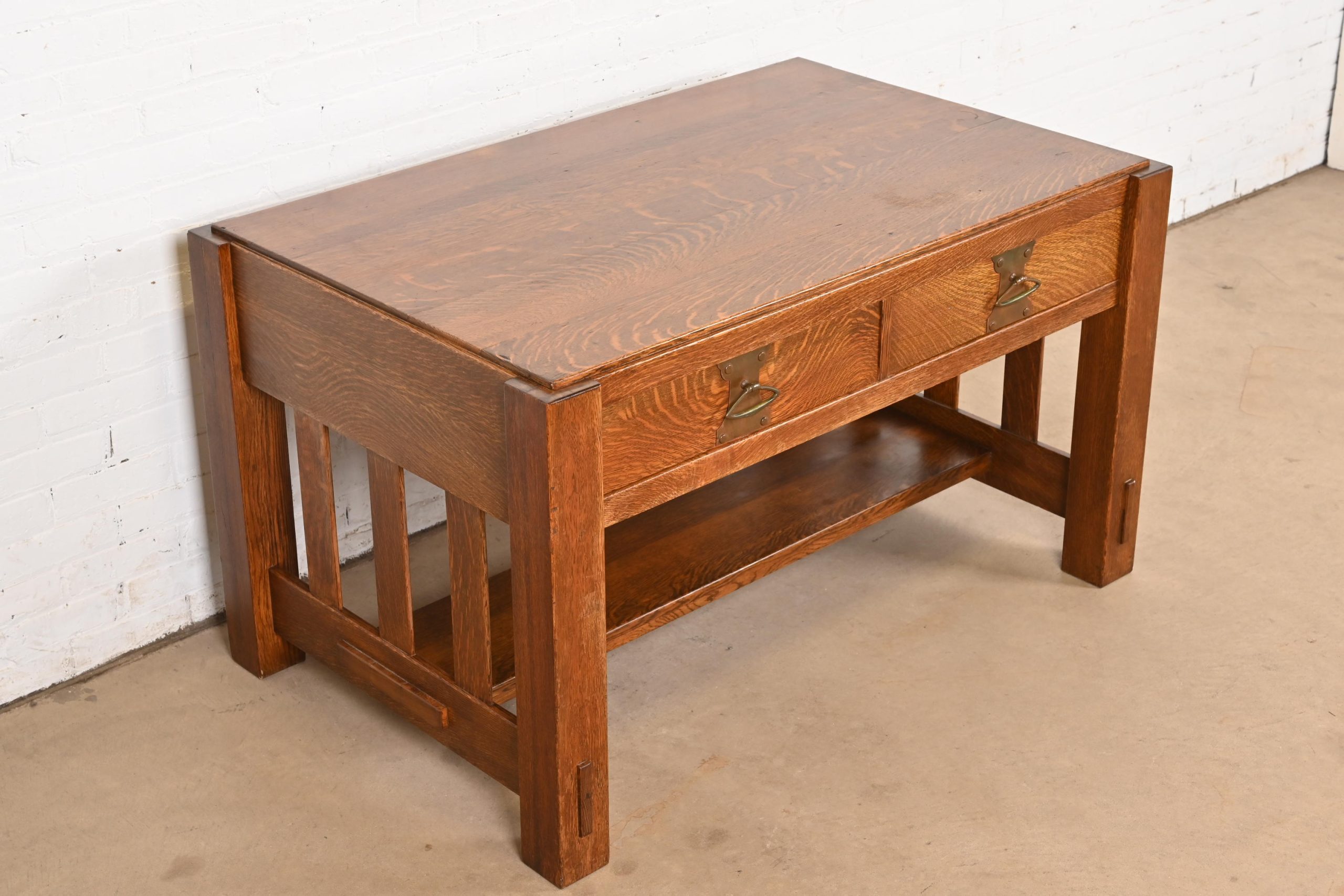 Imperial Furniture Grand Rapids Mission Oak Arts & Crafts Writing Desk or Library Table, Circa 1910 - Image 4
