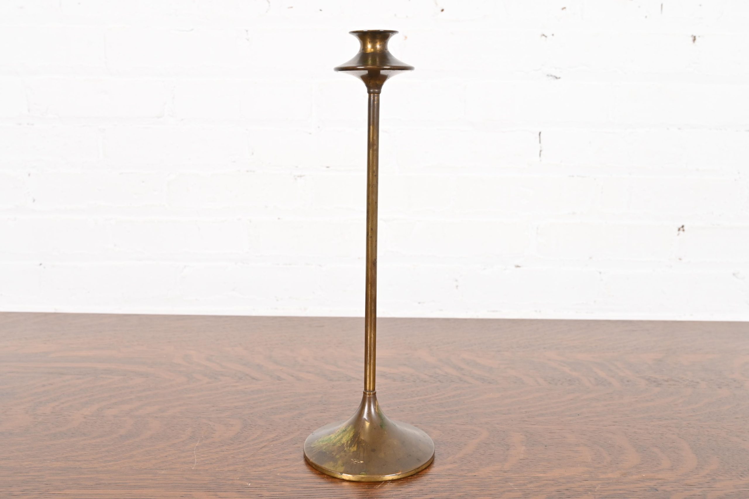 Robert Jarvie Style Antique Arts & Crafts Turned Brass Tall Candlestick