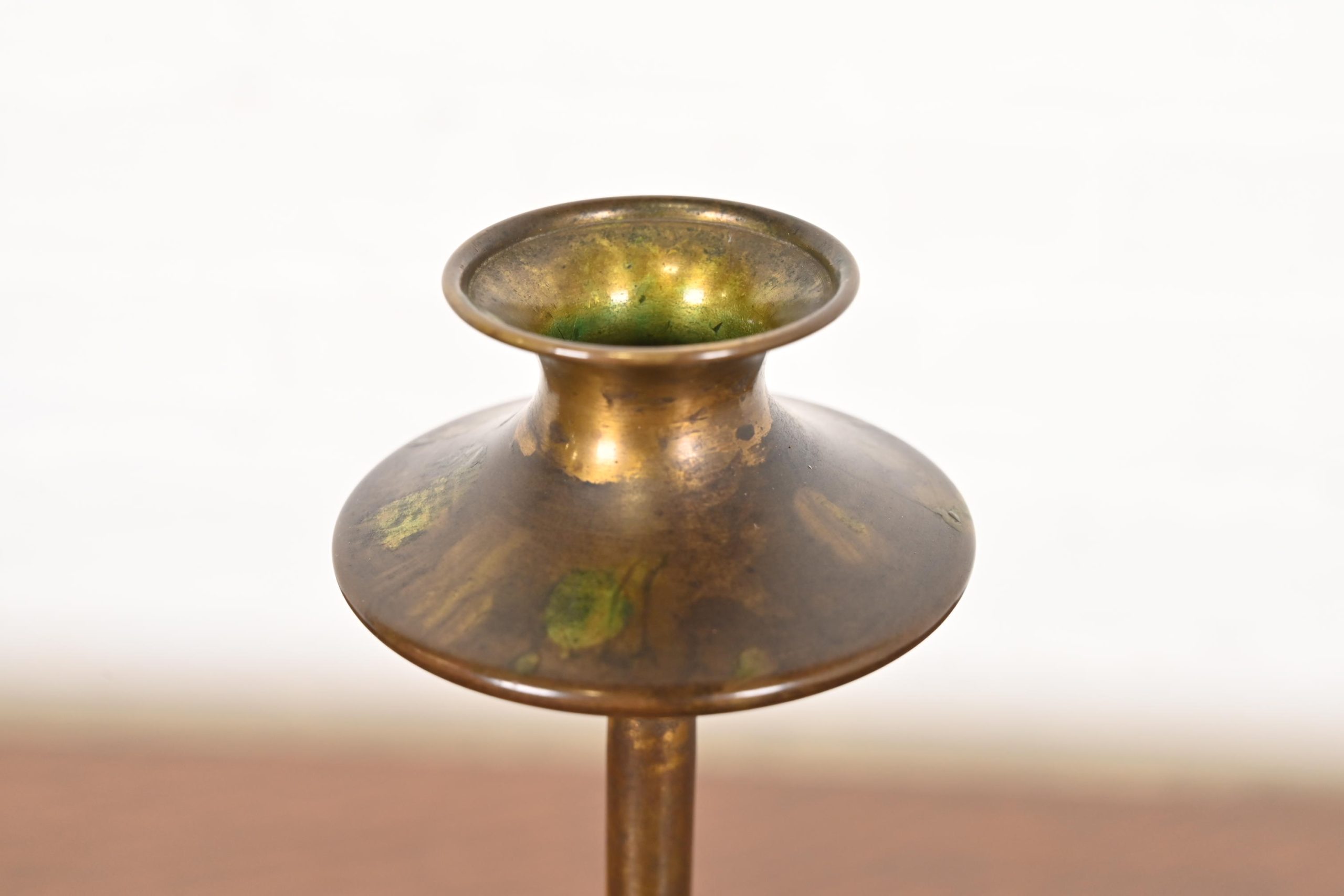 Robert Jarvie Style Antique Arts & Crafts Turned Brass Tall Candlestick - Image 5