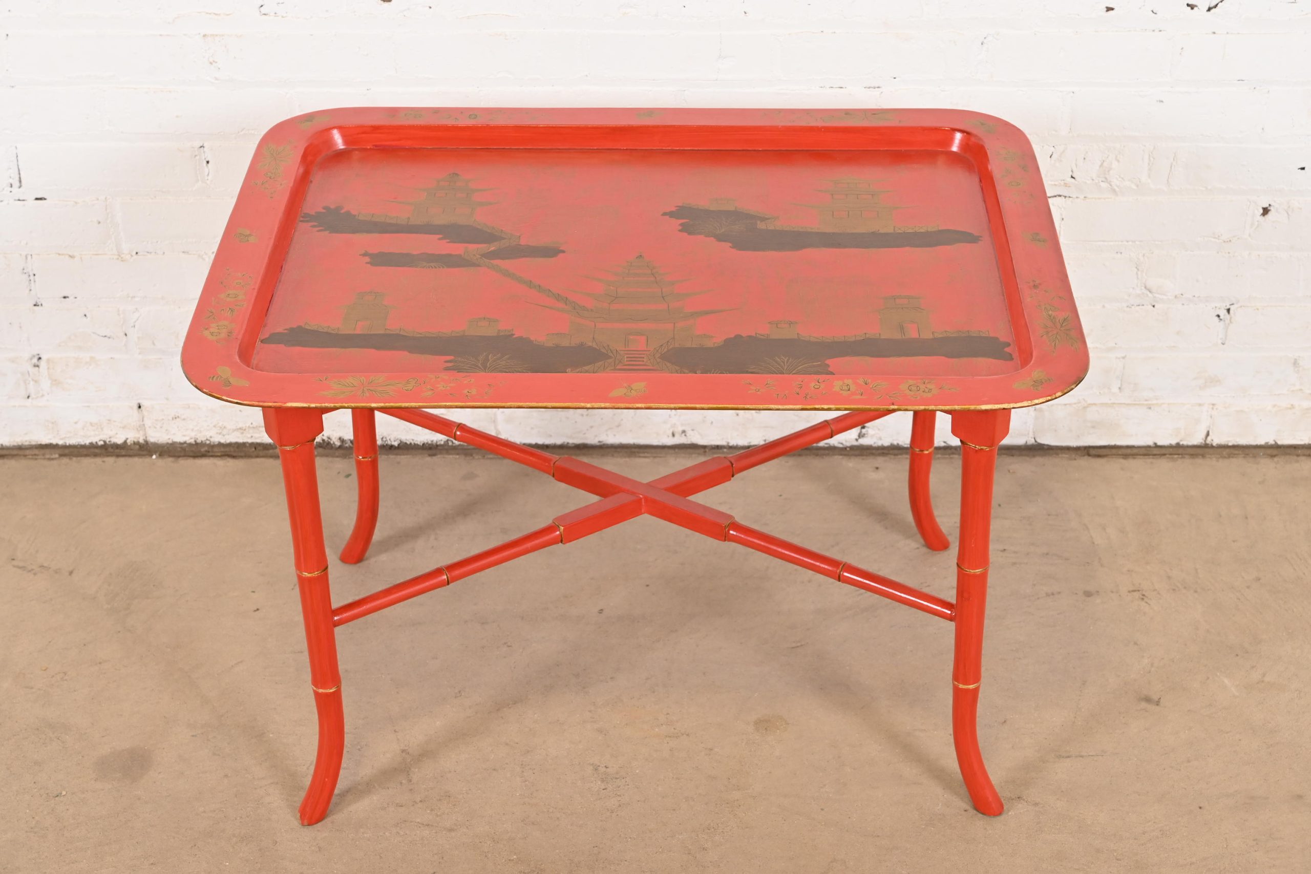 Baker Furniture Style Hollywood Regency Chinoiserie Red Lacquered Faux Bamboo Coffee Table