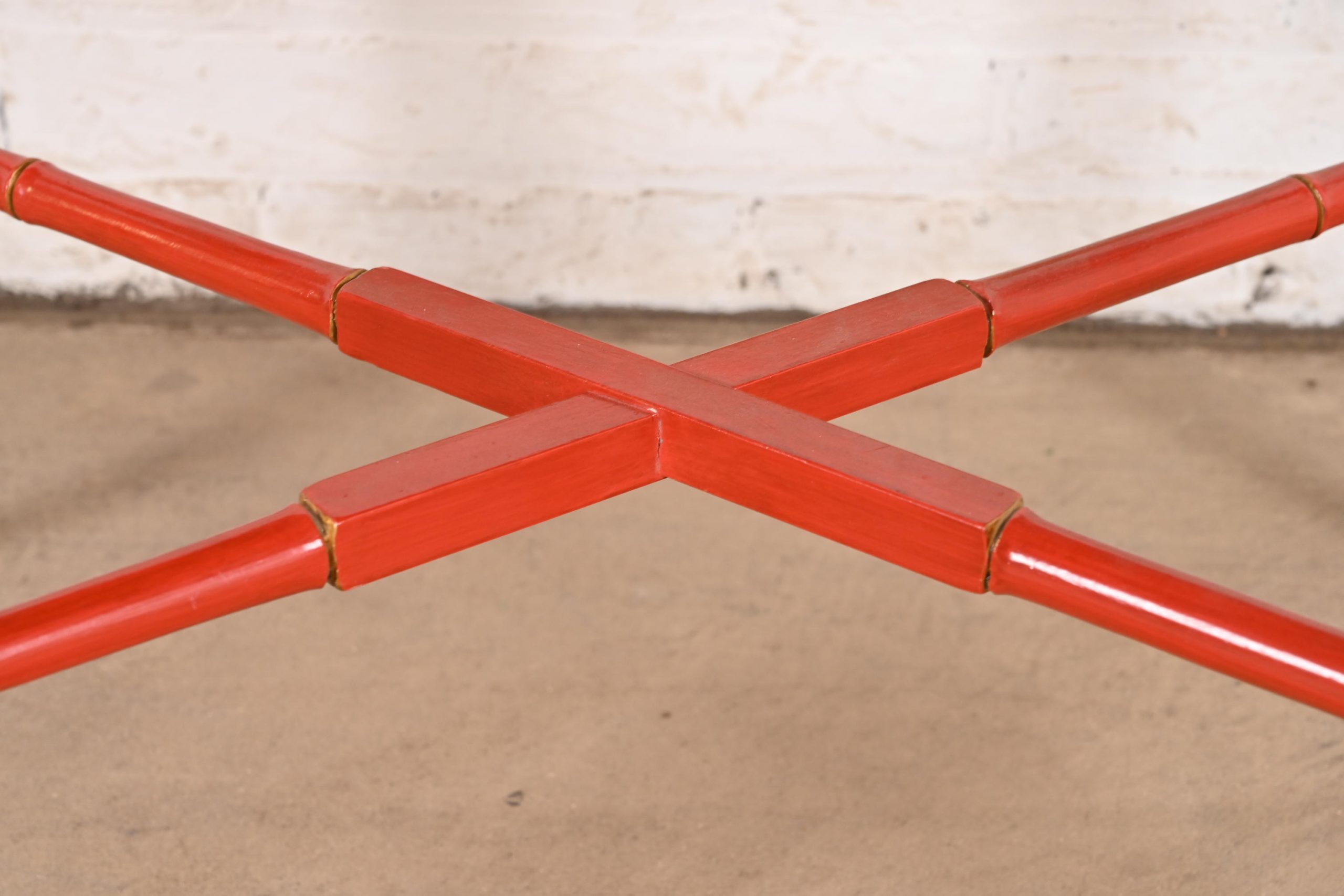 Baker Furniture Style Hollywood Regency Chinoiserie Red Lacquered Faux Bamboo Coffee Table - Image 7
