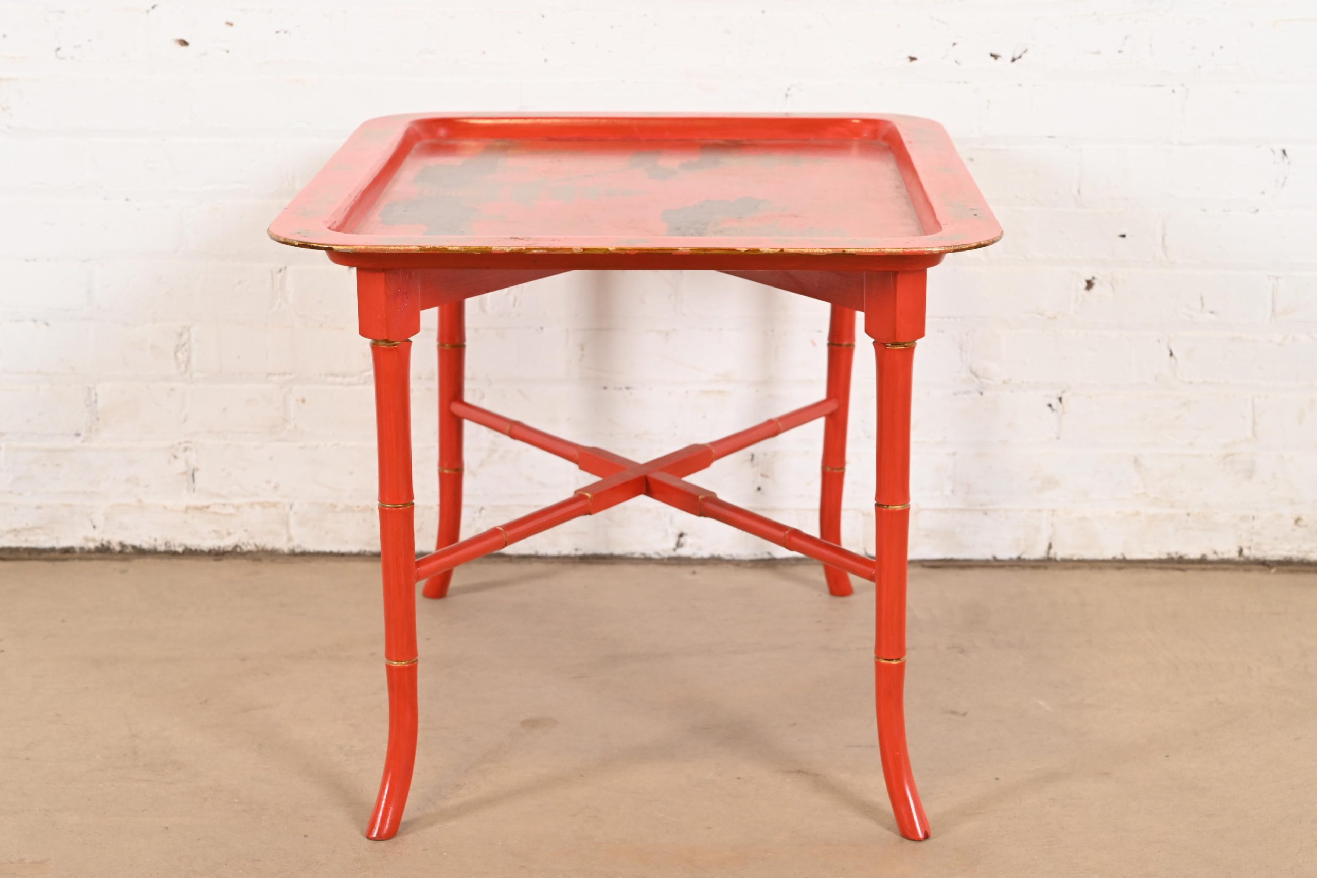 Baker Furniture Style Hollywood Regency Chinoiserie Red Lacquered Faux Bamboo Coffee Table - Image 8