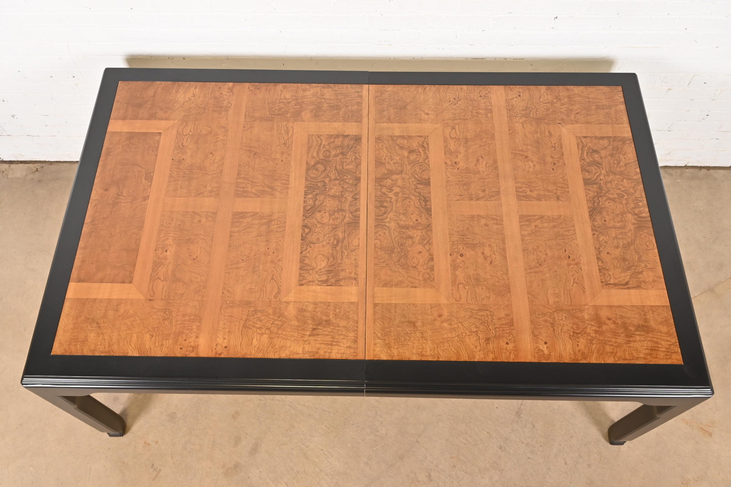 Raymond Sobota for Century Furniture Hollywood Regency Chinoiserie Burl Wood and Black Lacquer Extension Dining Table, Refinished - Image 9