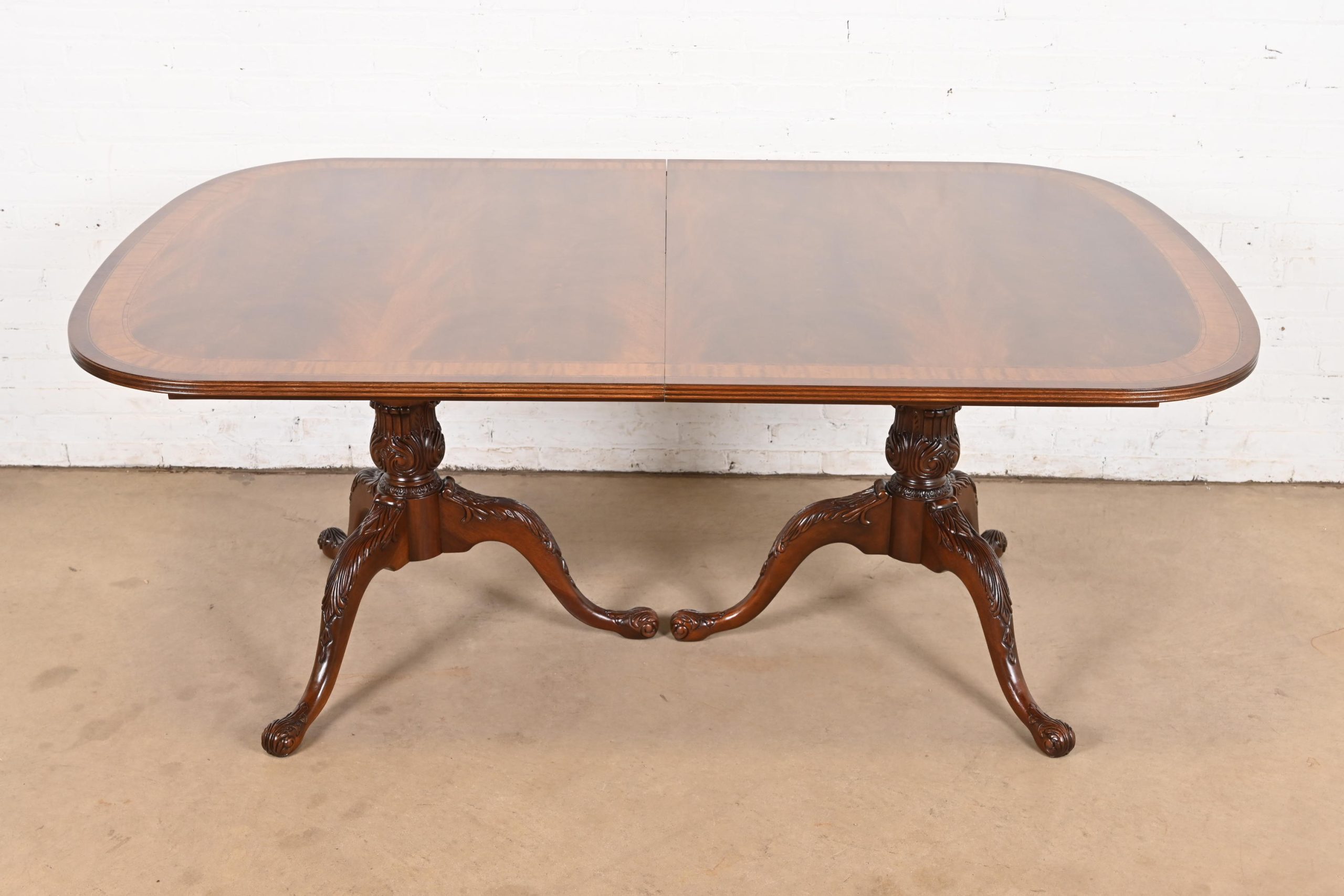 Drexel Heritage Georgian Banded Flame Mahogany Double Pedestal Extension Dining Table, Newly Refinished - Image 7