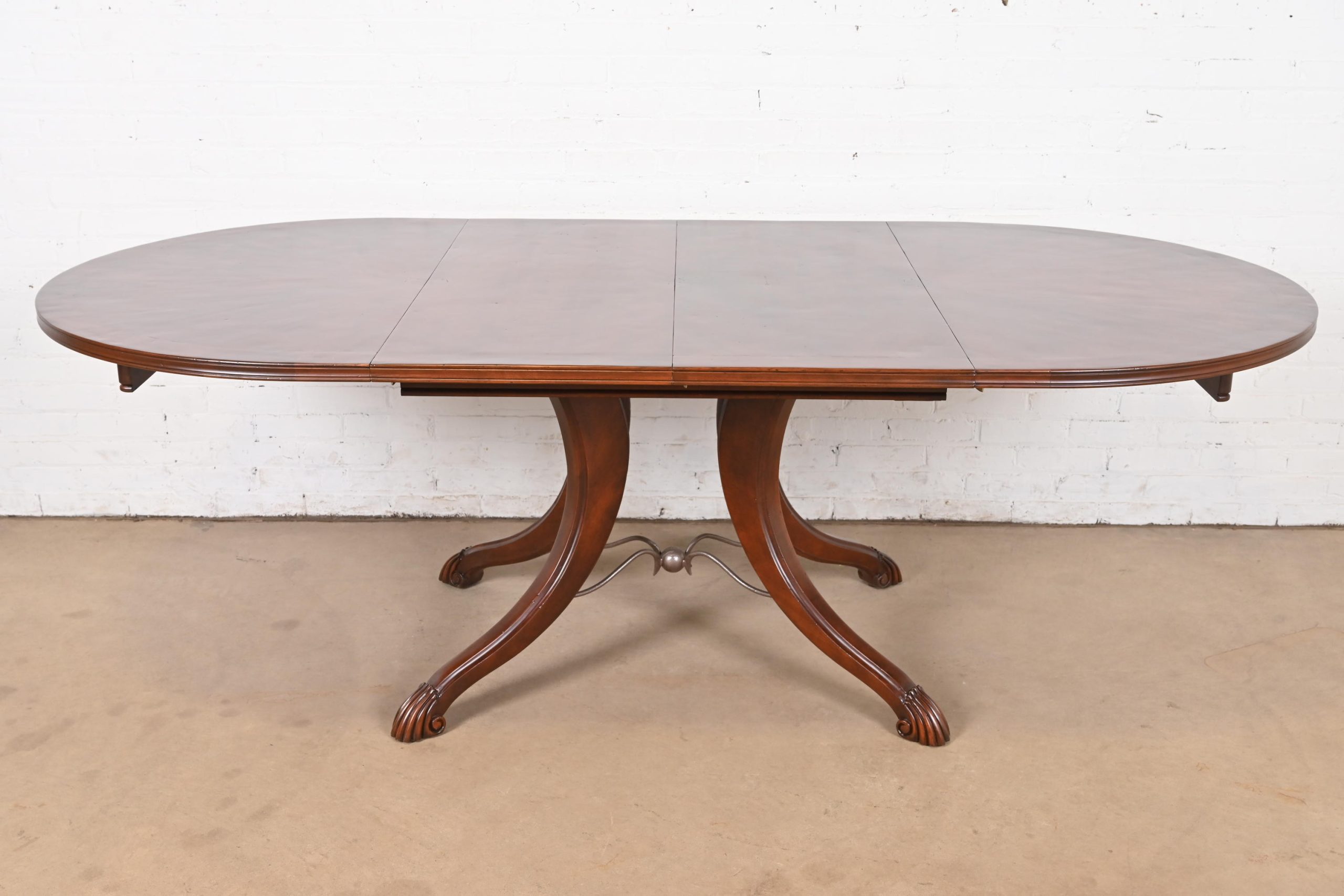 Italian Provincial Carved Cherry Wood Pedestal Extension Dining Table by Emanuel Morez, Newly Refinished