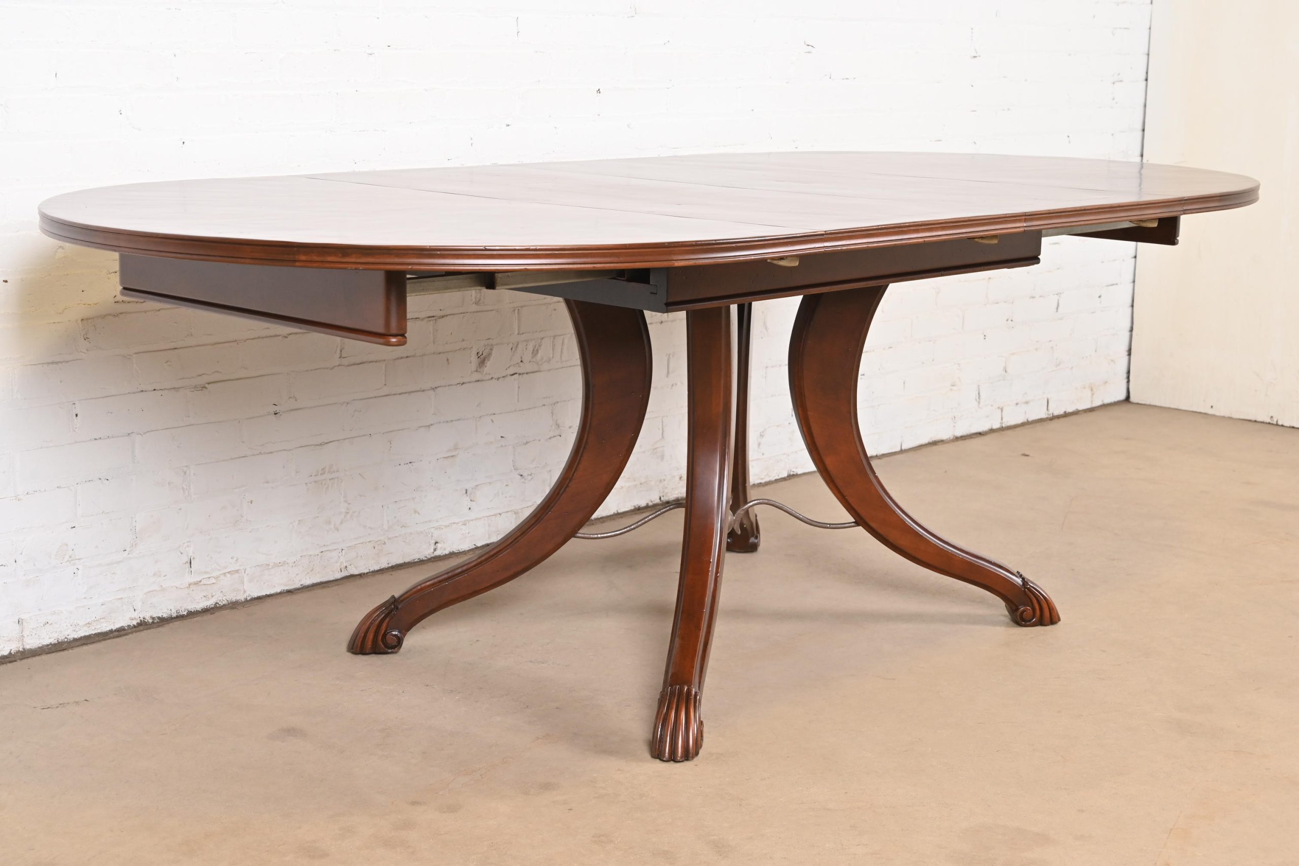 Italian Provincial Carved Cherry Wood Pedestal Extension Dining Table by Emanuel Morez, Newly Refinished - Image 4