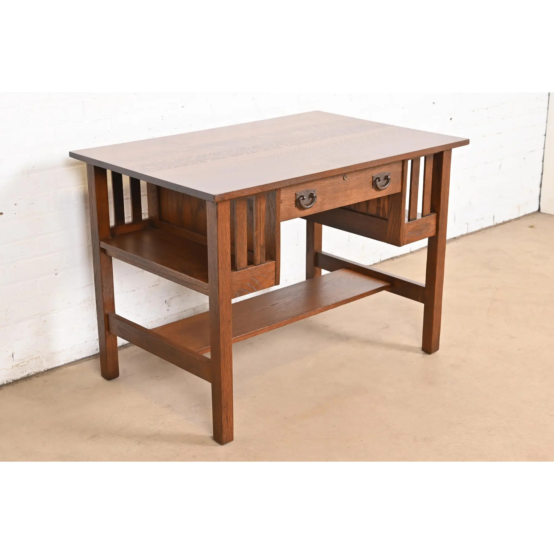 Gustav Stickley Antique Mission Oak Arts & Crafts Desk With Built-in Bookcases, Newly Refinished - Image 4