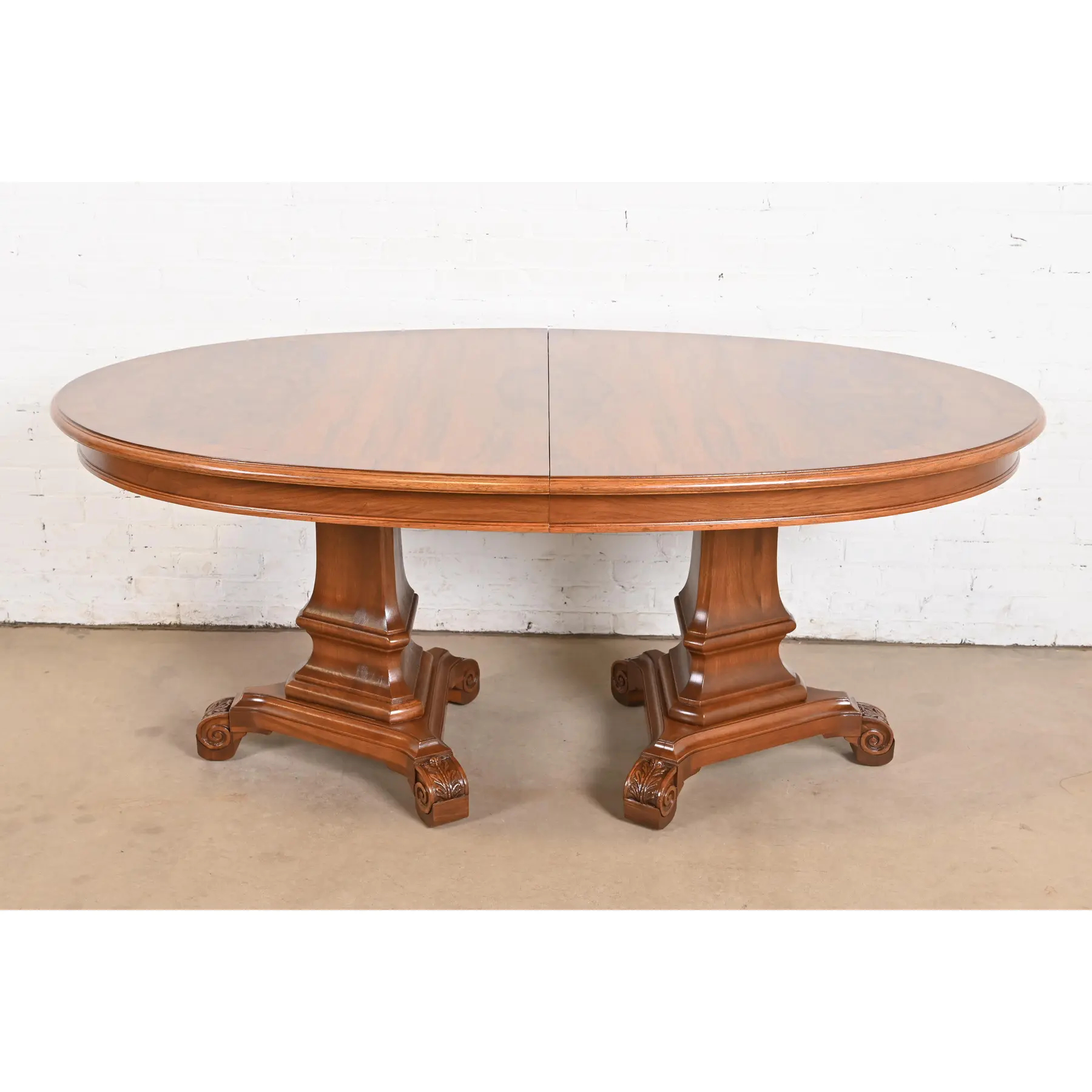 Karges Regency Burled Walnut Double Pedestal Extension Dining Table, Newly Refinished - Image 7
