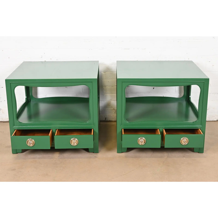 Michael Taylor for Baker Far East Collection Green Lacquered Nightstands or End Tables, Newly Refinished - Image 5