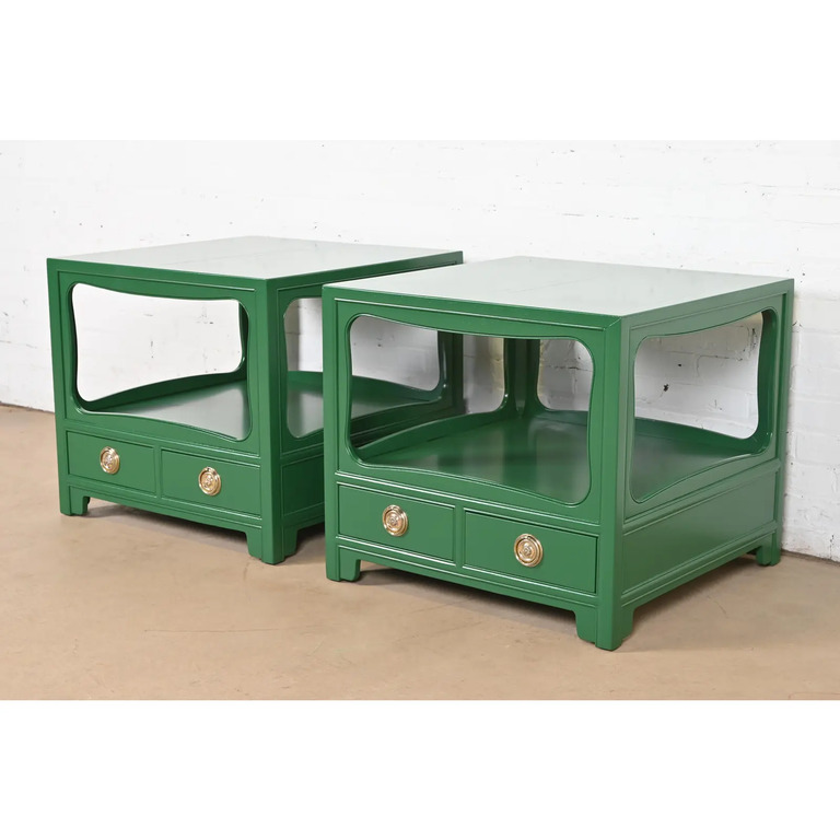 Michael Taylor for Baker Far East Collection Green Lacquered Nightstands or End Tables, Newly Refinished