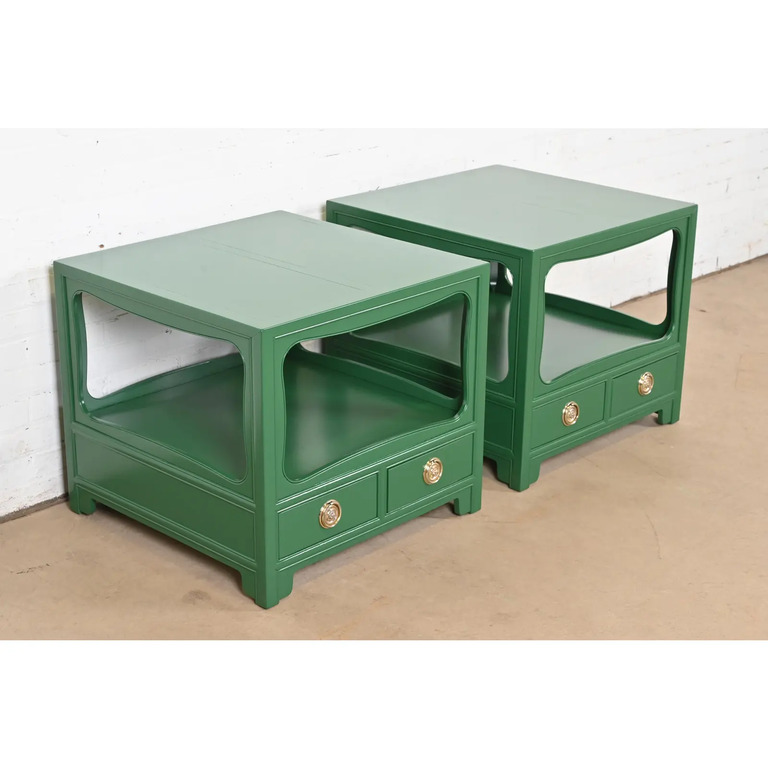 Michael Taylor for Baker Far East Collection Green Lacquered Nightstands or End Tables, Newly Refinished - Image 4