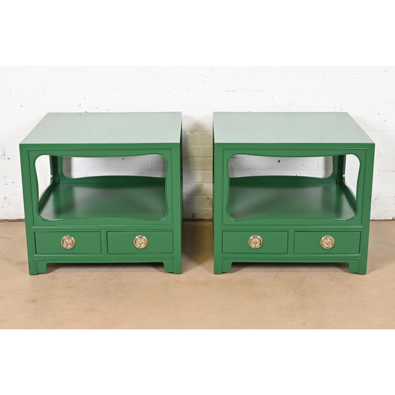 Michael Taylor for Baker Far East Collection Green Lacquered Nightstands or End Tables, Newly Refinished - Image 2