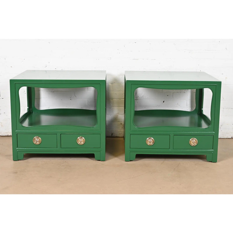 Michael Taylor for Baker Far East Collection Green Lacquered Nightstands or End Tables, Newly Refinished - Image 3