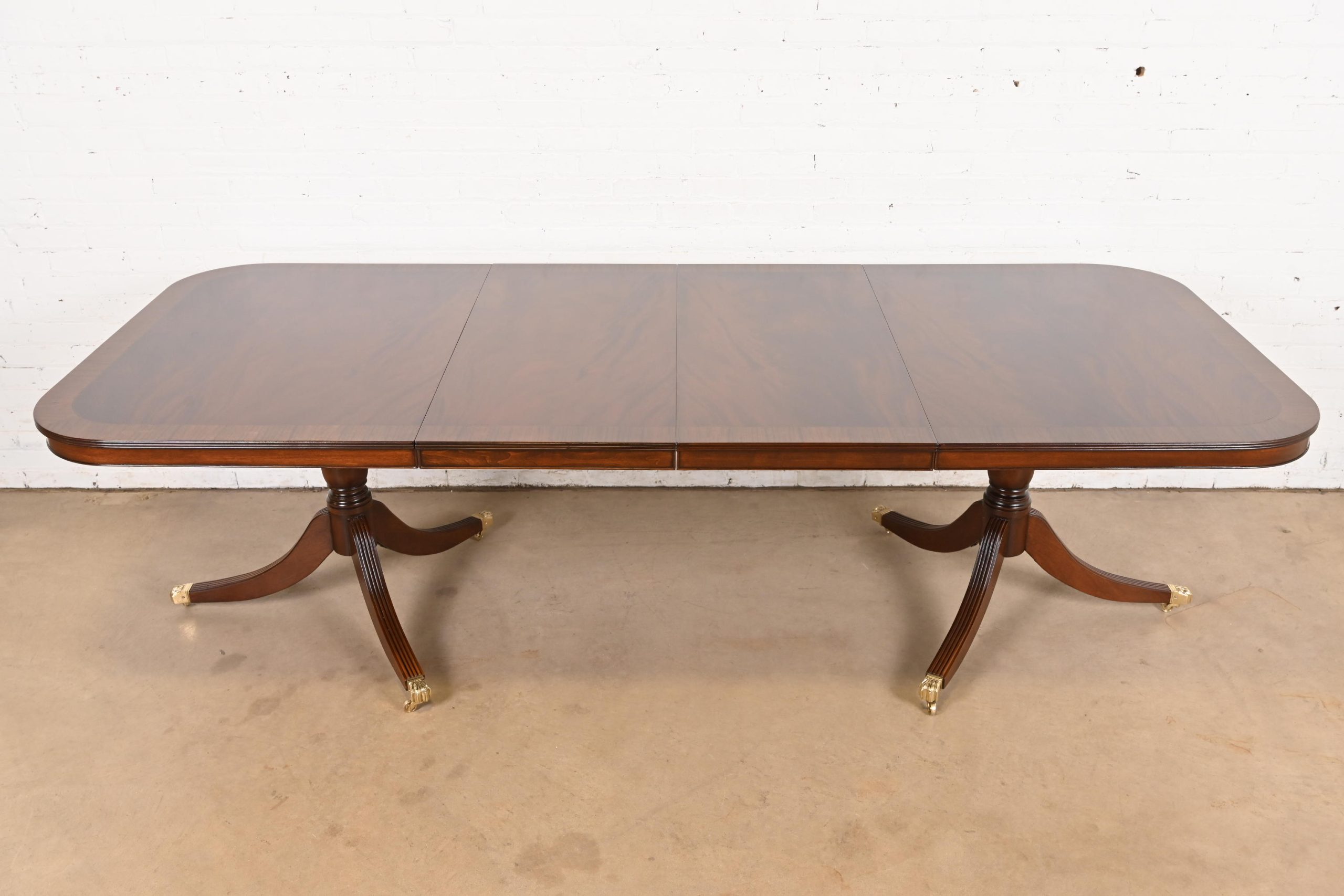 Baker Furniture Style Georgian Banded Flame Mahogany Double Pedestal Extension Dining Table, Newly Refinished - Image 2