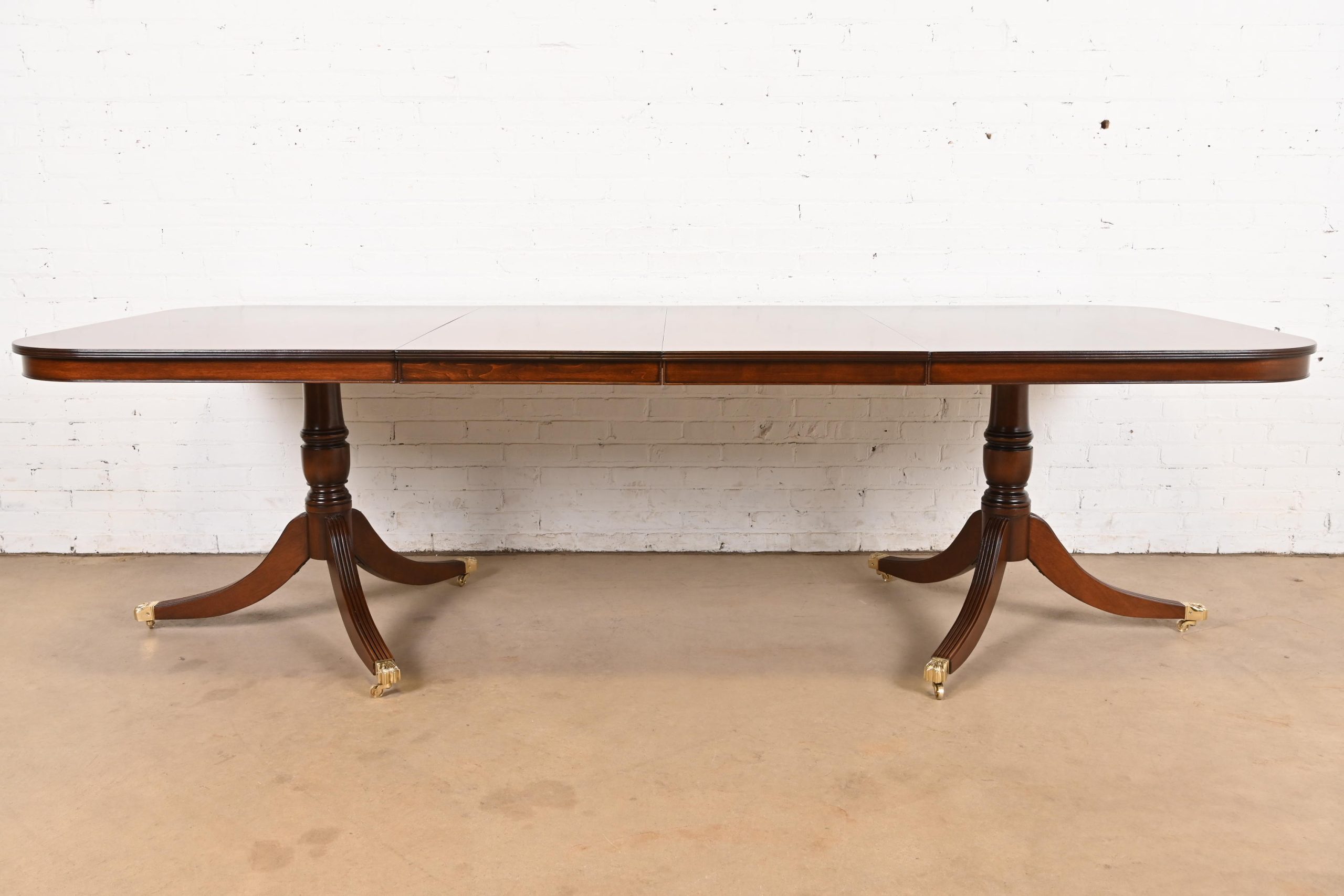 Baker Furniture Style Georgian Banded Flame Mahogany Double Pedestal Extension Dining Table, Newly Refinished - Image 3