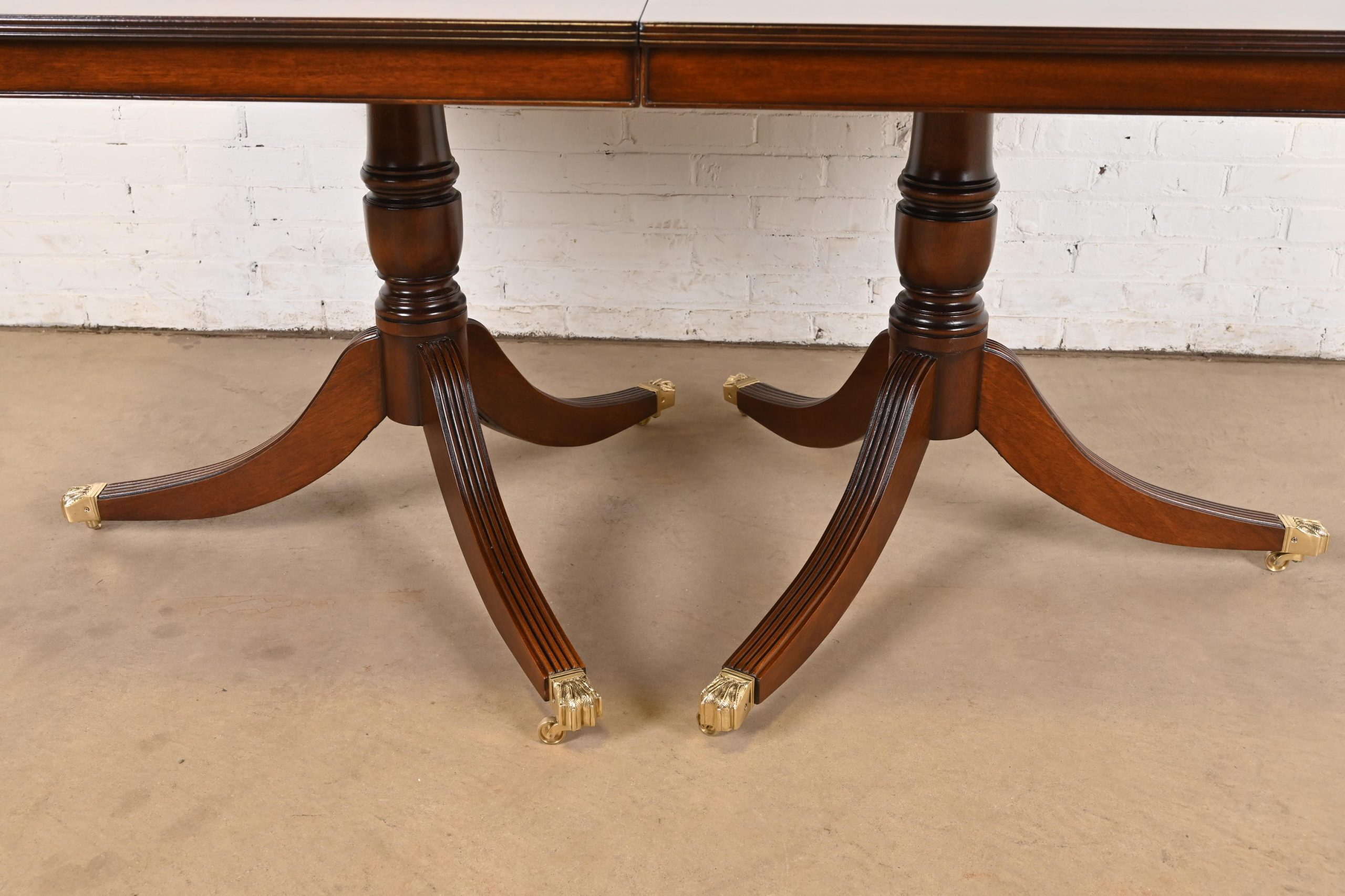 Baker Furniture Style Georgian Banded Flame Mahogany Double Pedestal Extension Dining Table, Newly Refinished - Image 10