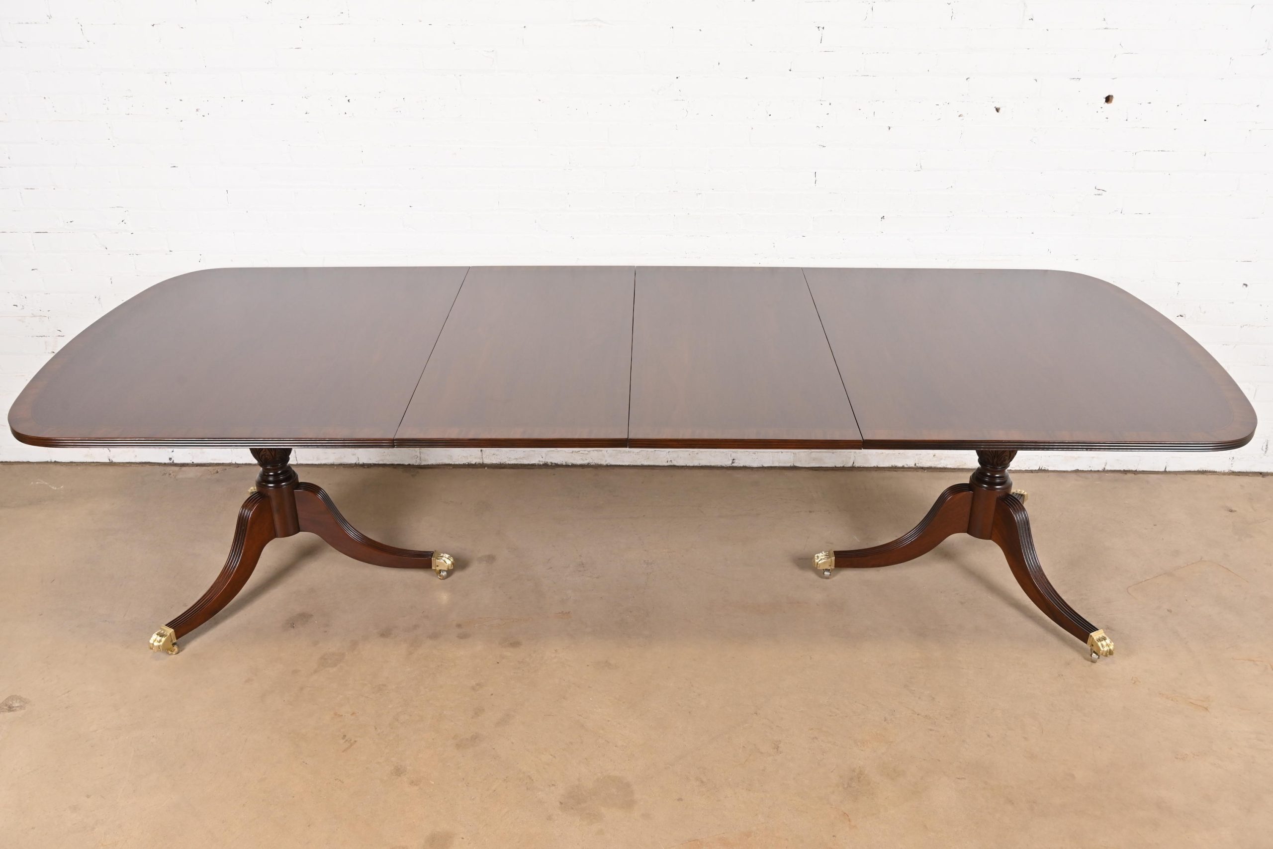 Baker Furniture Style Georgian Banded Mahogany Double Pedestal Extension Dining Table, Newly Refinished
