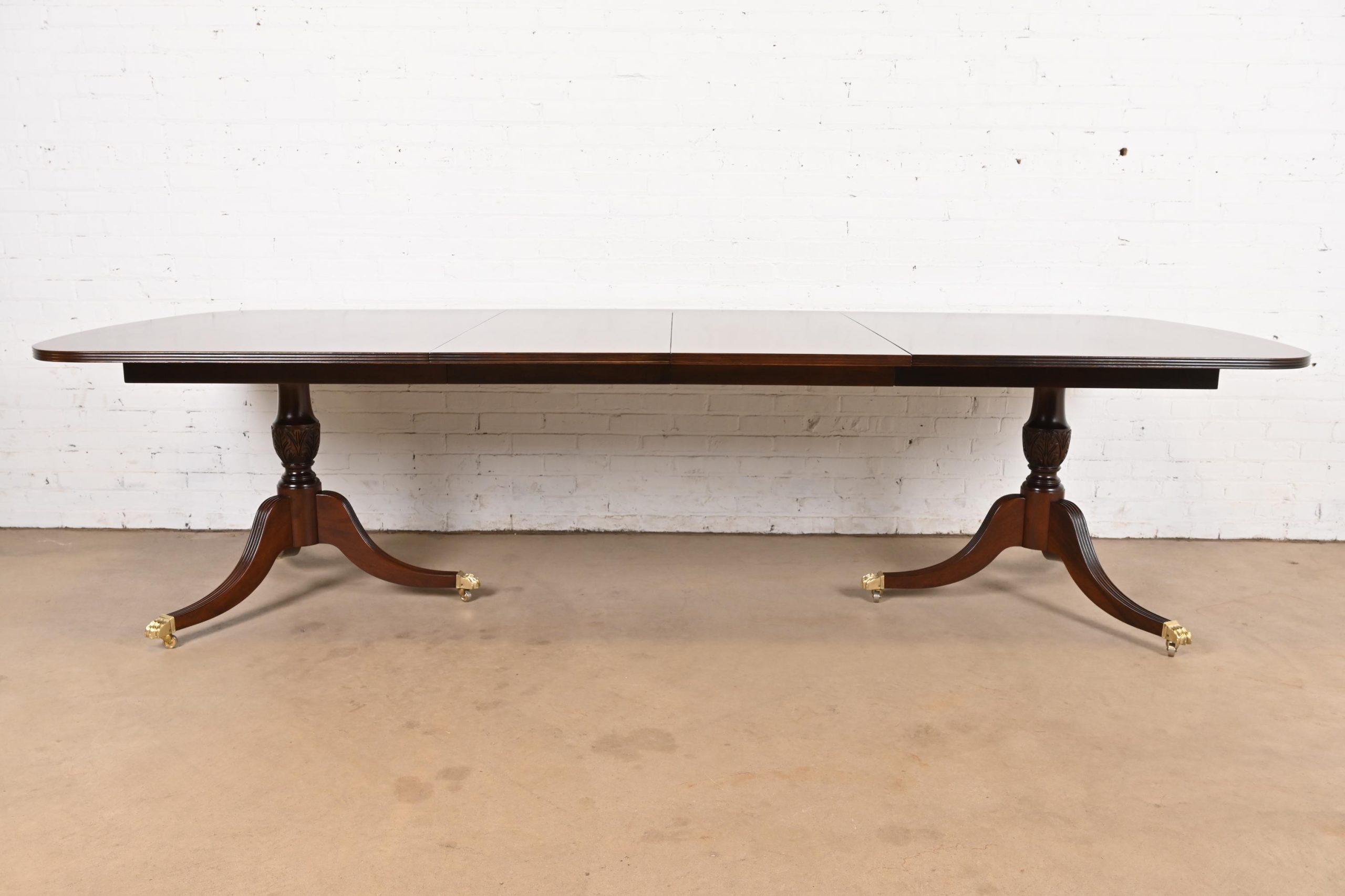 Baker Furniture Style Georgian Banded Mahogany Double Pedestal Extension Dining Table, Newly Refinished - Image 2