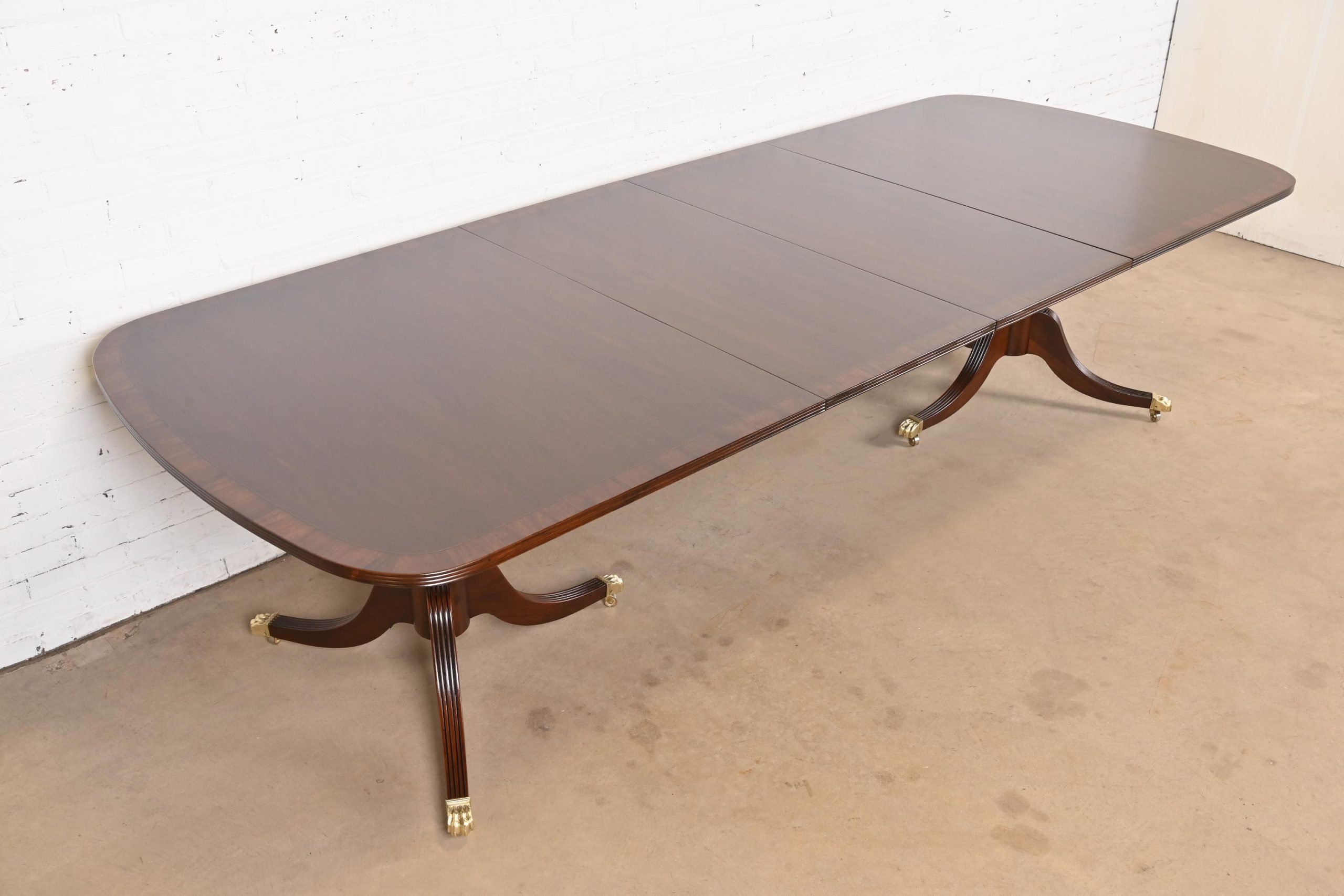 Baker Furniture Style Georgian Banded Mahogany Double Pedestal Extension Dining Table, Newly Refinished - Image 3