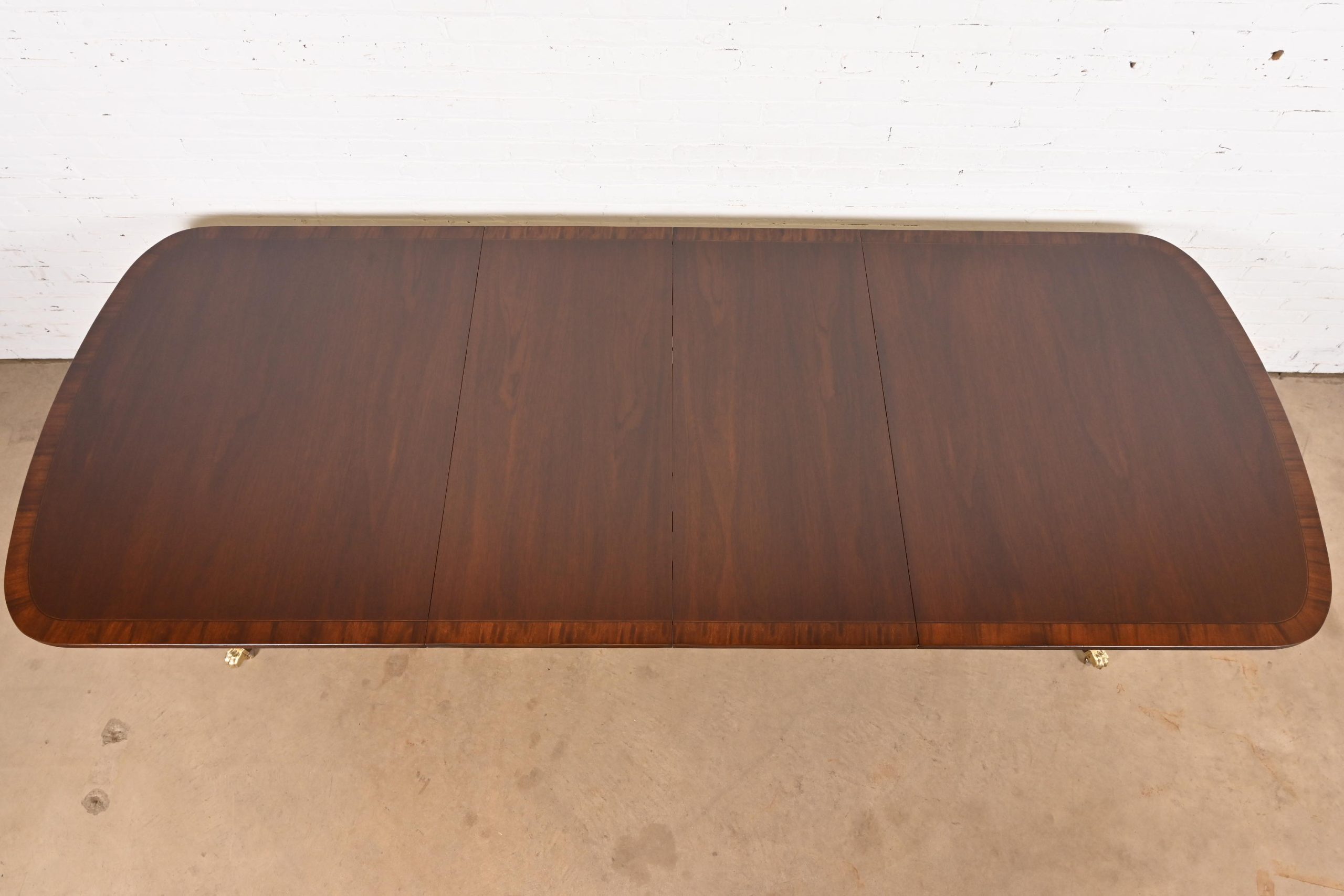 Baker Furniture Style Georgian Banded Mahogany Double Pedestal Extension Dining Table, Newly Refinished - Image 5