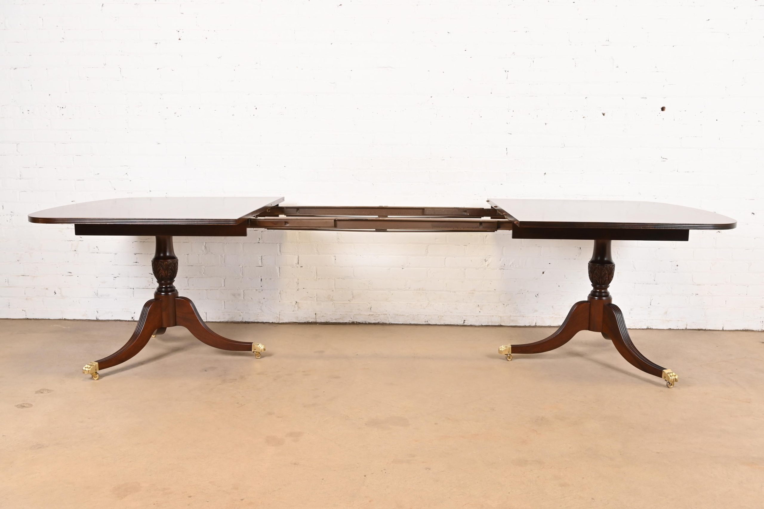 Baker Furniture Style Georgian Banded Mahogany Double Pedestal Extension Dining Table, Newly Refinished - Image 6
