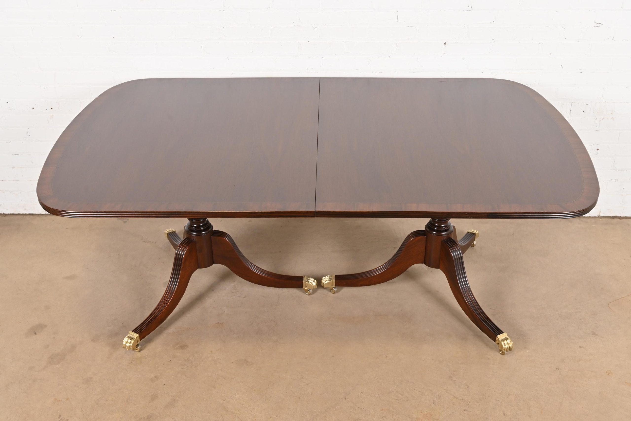Baker Furniture Style Georgian Banded Mahogany Double Pedestal Extension Dining Table, Newly Refinished - Image 7